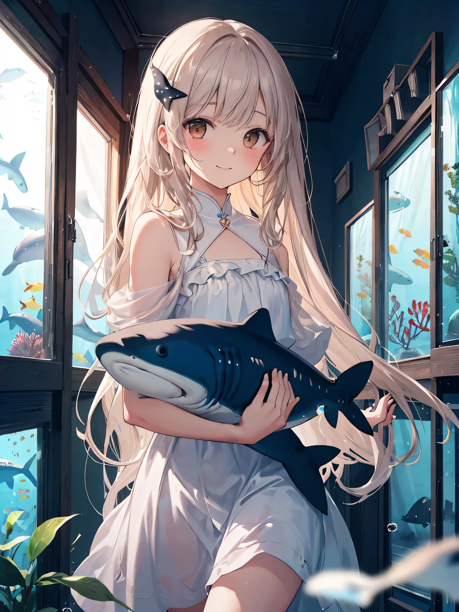 (best quality), (ultra-detailed), (llustration), (detailed light), (an extremely delicate and beautiful), 1young girl, long hair, brown eyes, (smile slightly, Innocent and cute expression), model, Enchanting, Sublime, Ethereal, fantastic, extremely detailed CG unified 8k wallpaper, High-definition raw color photos, professional photography, (Bokeh), indoors, (aquarium), whale shark, shark, small fish, napoleon fish, Backlighting, depth of fields,
