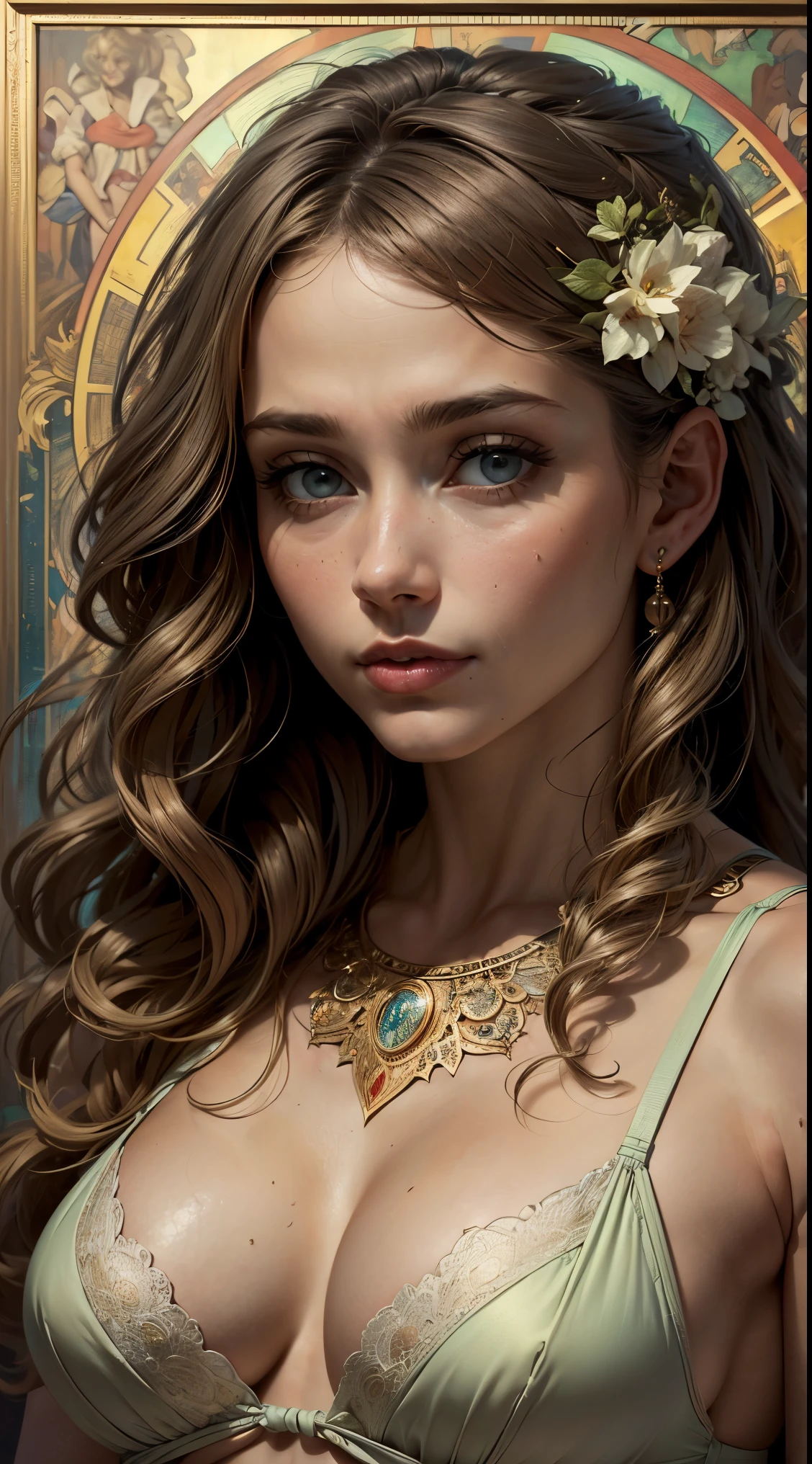 European woman's face portrait, long curly hair, blonde, flower frame, decorative panel, abstract art, by Alphonse Mucha (masterpiece, highest quality, high resolution: 1.4), detailed, intricate details, 4K, color splash, line art, Fibonacci, in underwear