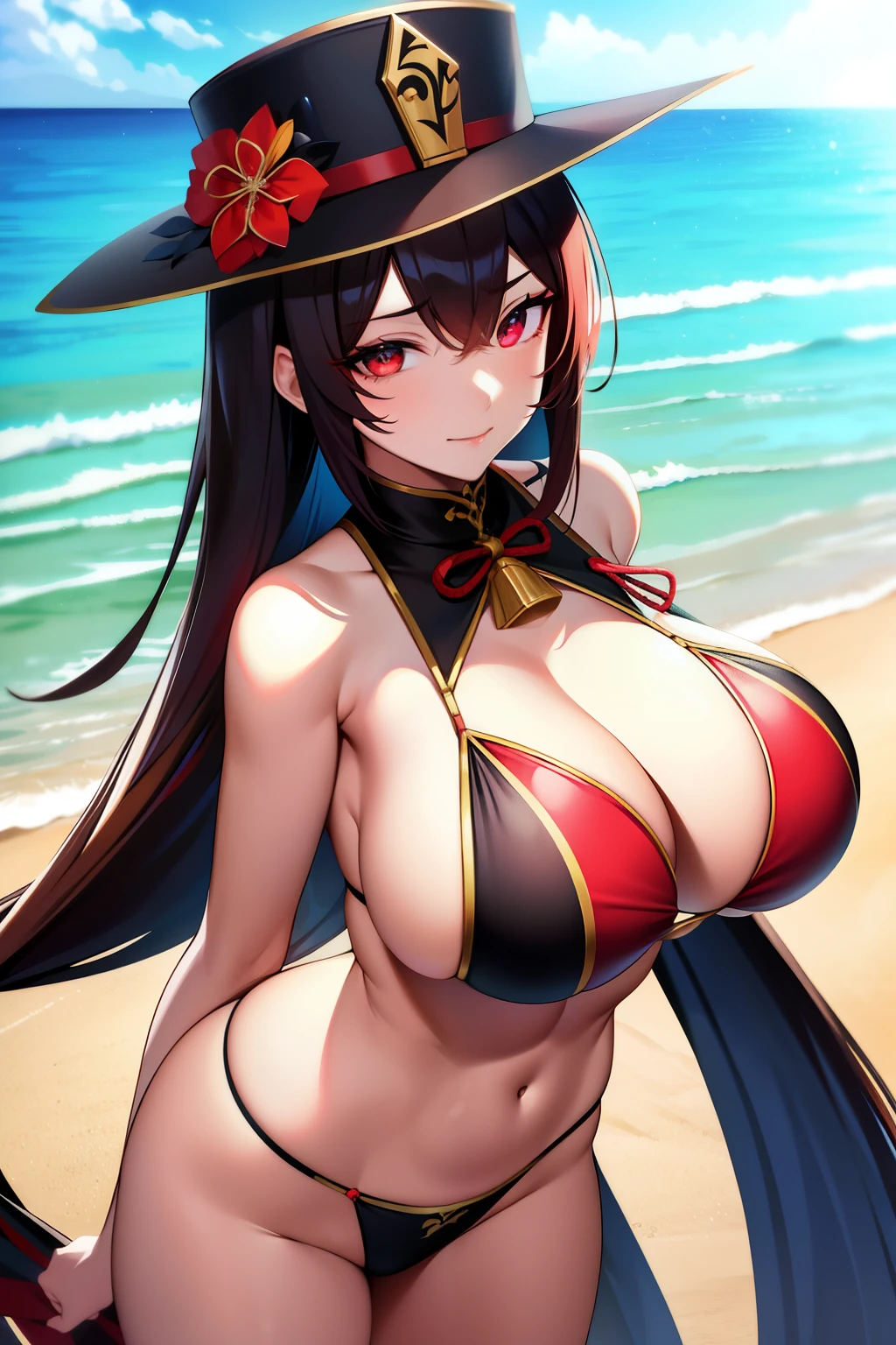 2d, tmasterpiece, best qualtiy, anime big breast, highly detailed eye, Highly detailed face, highly detailed back ground, perfect litthing, cowboy lens, 1girll, solo, standing on your feet, beachside,Bikini style,huge boob,hu tao\(genshin impact\), pupils in symbol shapes, flower shaped pupils, Hats, red flower, red eyes, SakuraNS,