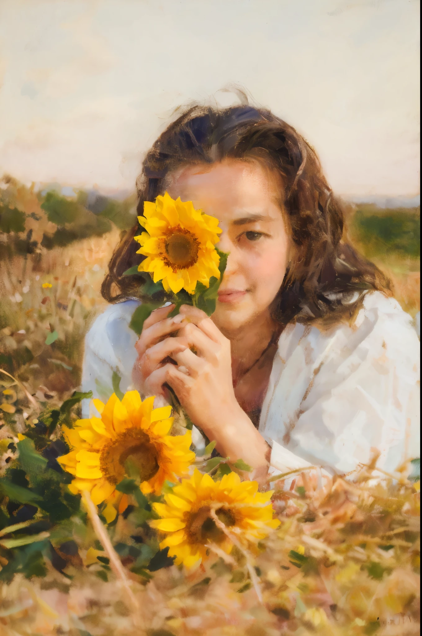 There is a woman lying on a hay field holding a bouquet of sunflowers, masterpiece on canvas in the style of Claude Monet, extremely beautiful, detailed landscape, surrealism, symbolism and Surrealistic elements, intricate designs, leaves, flowers, landscapes, pastel colors