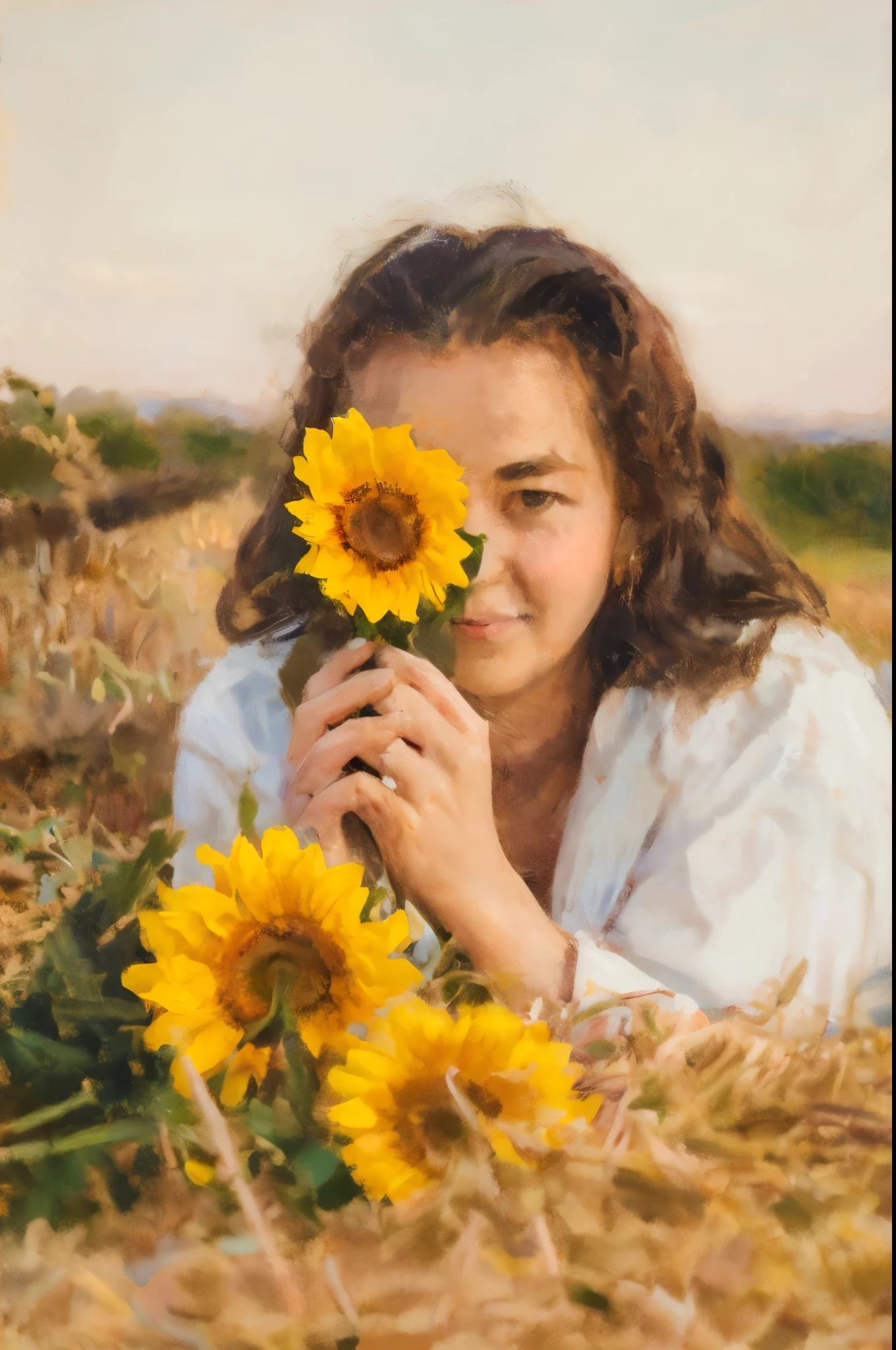 there is a woman laying on a hay field with a bunch of sunflowers,masterpiece on canvas in the style of Claude Monet, ClaudeMonet,A middle-aged brunette woman,Extremely beautiful, Detailed landscape, Hyper-realistic, Elements of symbolism and surrealism, intricatedesign, Foliage, florals, landscape, pastel colour, Blue details, pink details, The woman looked at the audience, Directly on the camera.