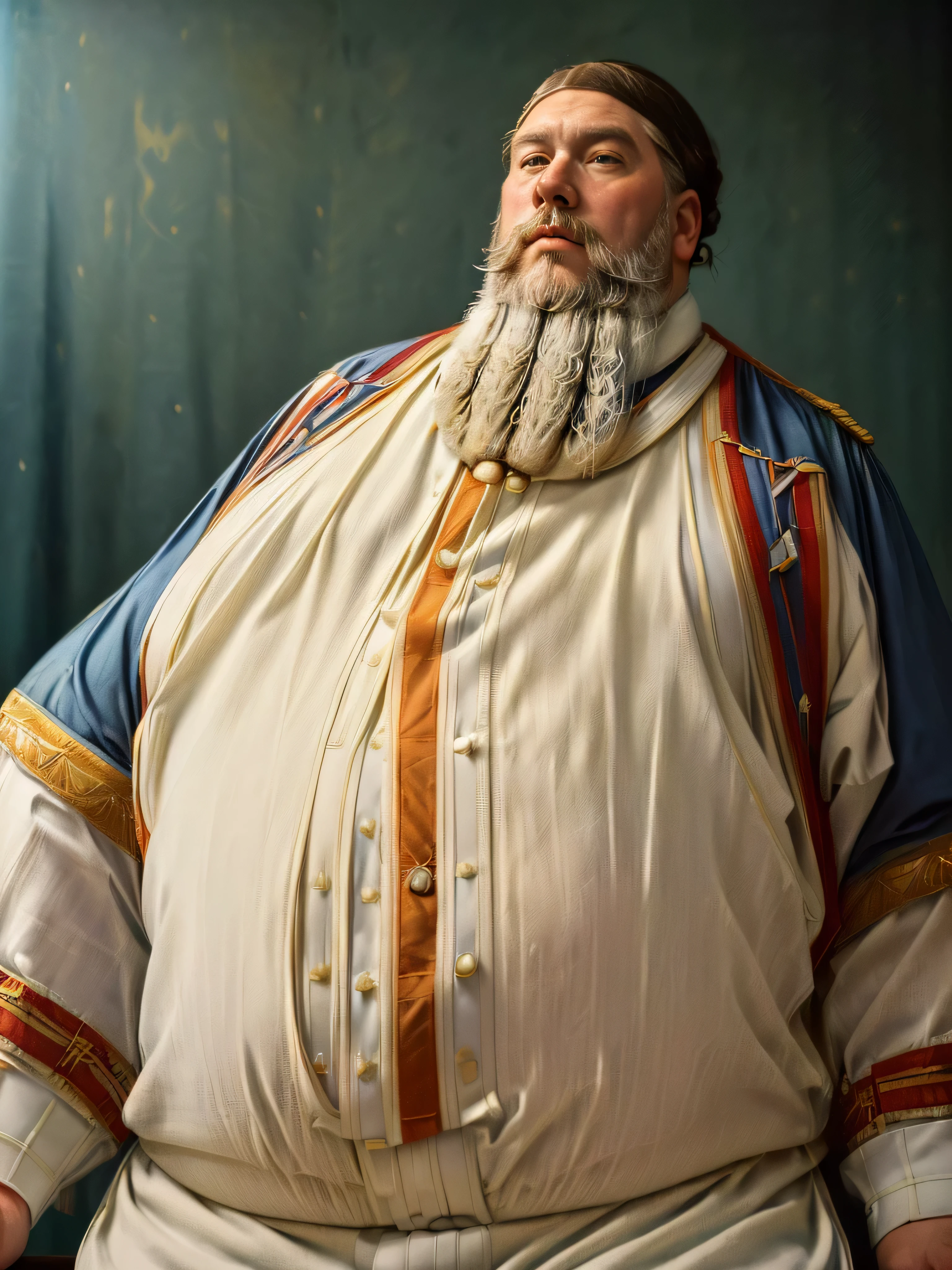 1935, massachusetts mountain village. Pre-raphaelite ((((40-year-old)) extremely fat, 800 pounds King Leopold 2 of Belgium with a long white beard, in a royal uniform ((((casual Clothing from the 1930s)))) ((Hairstyle of the 1930s)), ((Wes Anderson cinematic style)), colorful. 