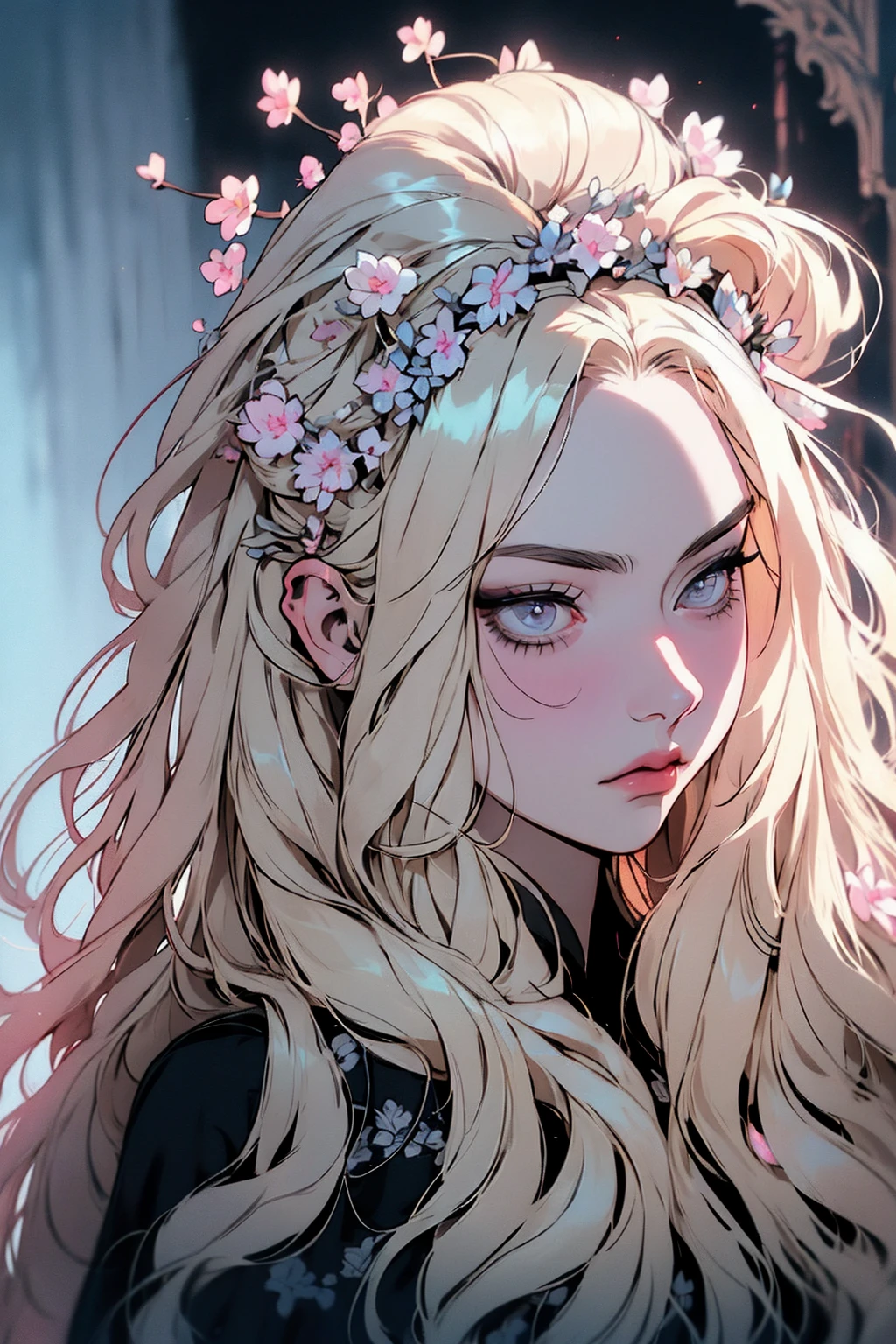 hyper-realistic  of a mysterious woman with flowing blond hair, piercing gray eyes, and a delicate floral crown, , upper body