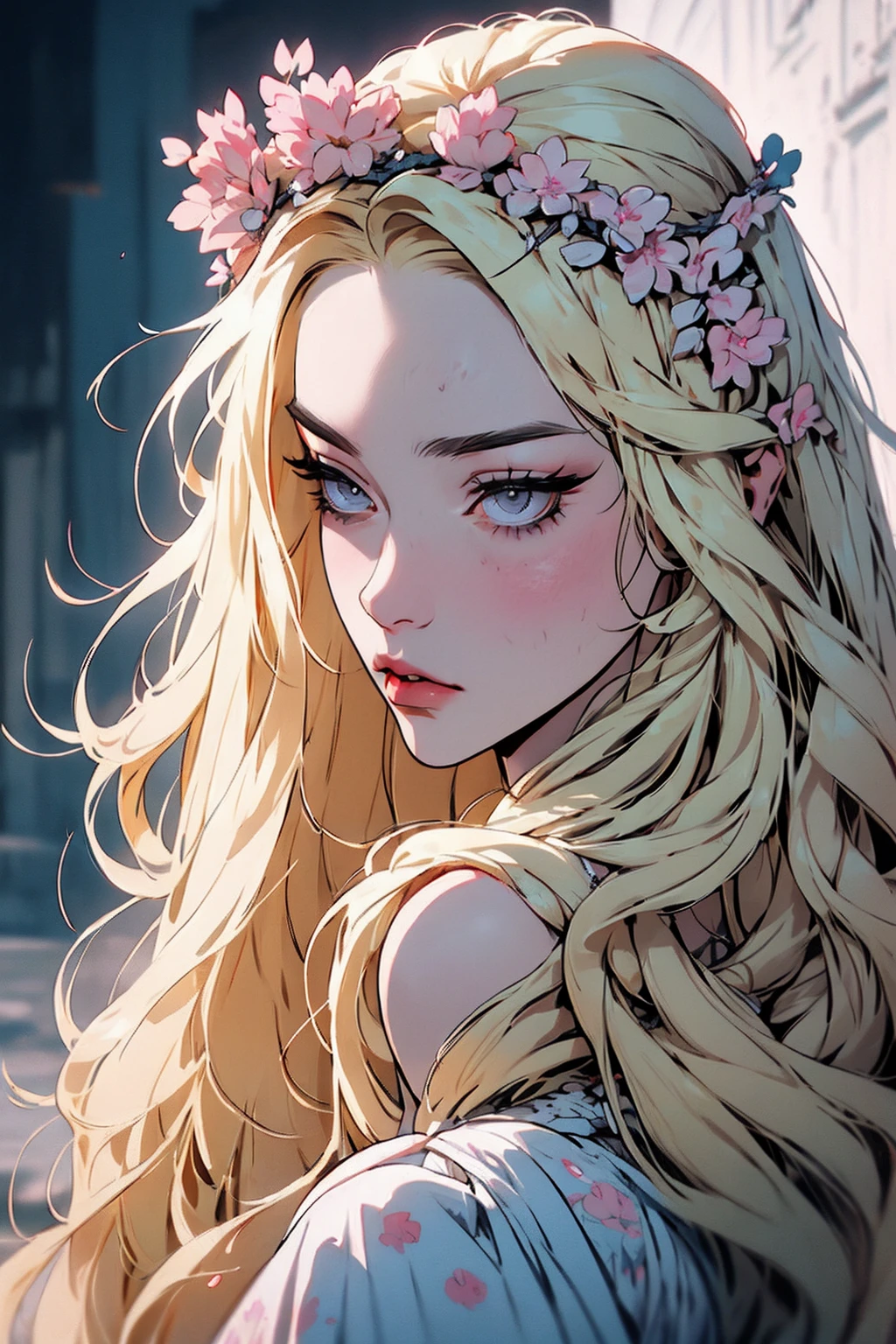 hyper-realistic  of a mysterious woman with flowing blond hair, piercing gray eyes, and a delicate floral crown, , upper body