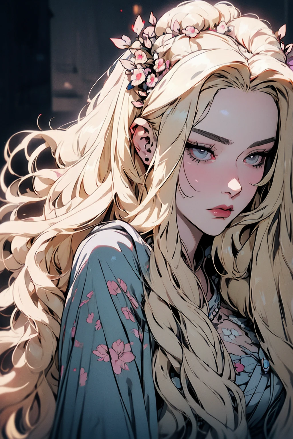 hyper-realistic  of a mysterious woman with flowing blond hair, piercing gray eyes, and a delicate floral crown, , upper body