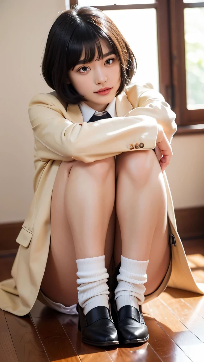 Not NSFW、1人の美少女がsitting on the floorいる 、high school uniform、 hug her knees、sitting on the floor, a woman is sitting, high quality、looking at camera、Realistic and photo-like、15 year old beautiful girl、I feel like crying、blazer costume、physical education sitting pose、butt is on the floor、looks embarrassed、black hair、have bangs、Fair skin、thin eyebrows、bob hair、A presence that is out of this world、