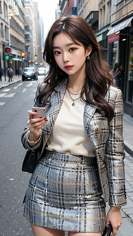 Beautiful woman, fiddling with your cell phone in the middle of the road, chanel tweed suit、Tight Skirt、long brown curly hair