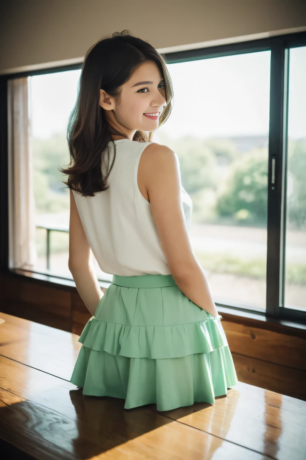 (white sleeveless shirt), (Mint Green Tiered Long Skirt:1.2),  (whole body),(from the back),Lens 135mm f1.8,(highest quality),(table top:1.1), (Beautiful 13 year old girl),japanese girl, cute face, cute lips, dappled sunlight, dramatic lighting, dynamic lighting, smile,  shortcut、get down on all fours、