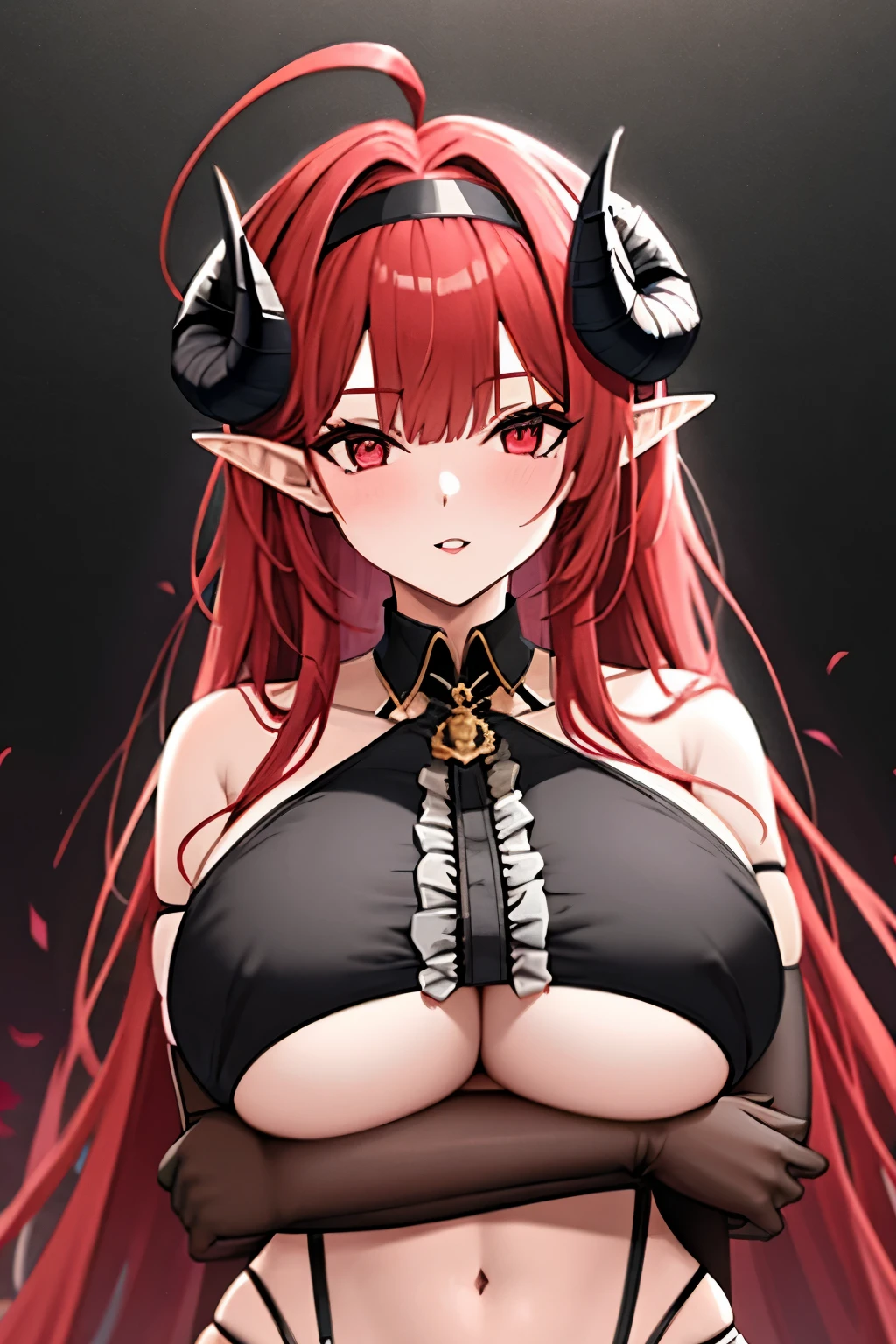 1girl, pointy ears, horns, solo, red hair, long hair, red eyes, bare shoulders, looking at viewer, huge breasts, gloves, elbow gloves, ahoge, hairband, black gloves, underboob, upper body, demon girl, hair intakes, very long hair, frills, slit pupils, parted lips,(shiny skin),(mature female:1.2),hindenburg \(azur lane\),