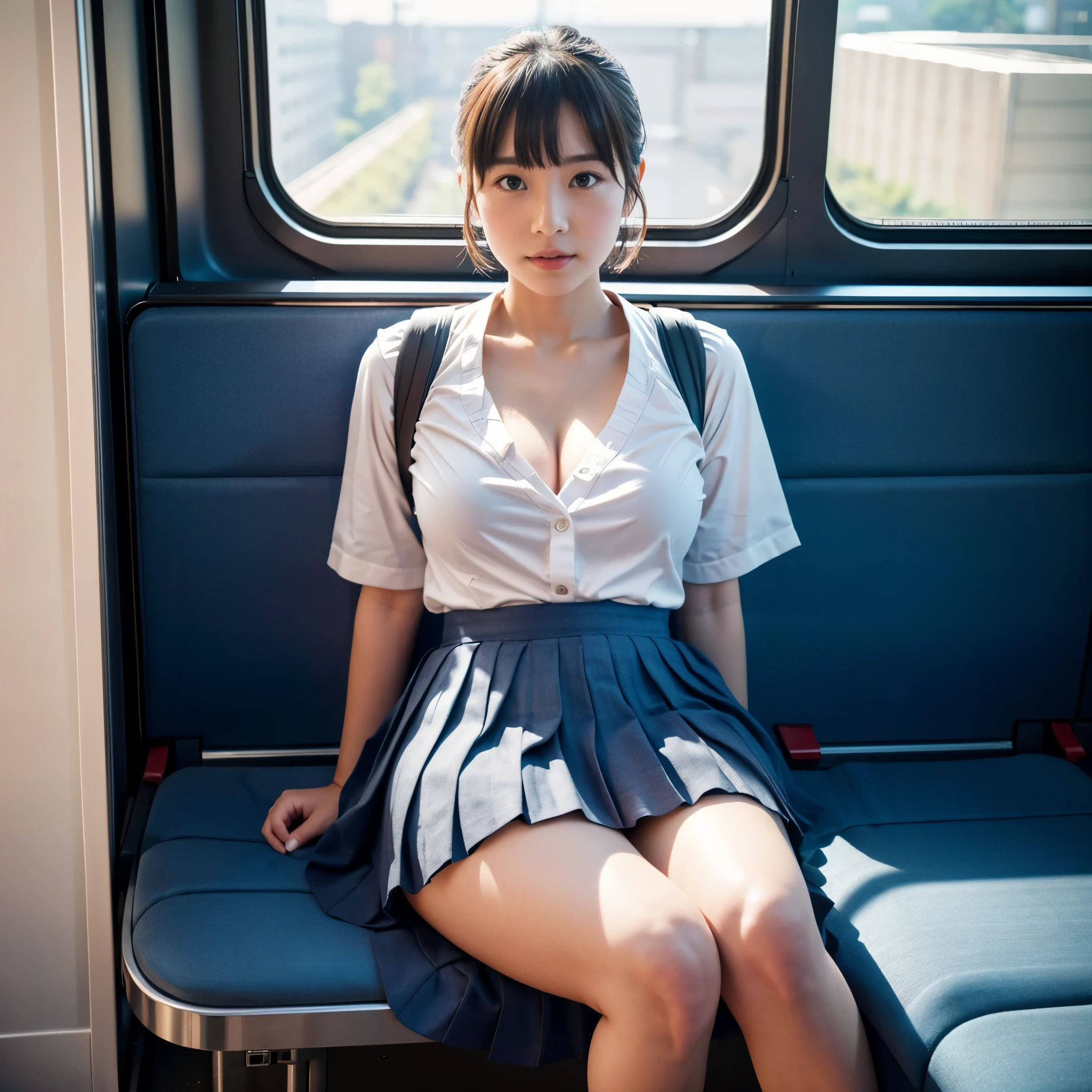 highest quality, masterpiece, Ultra-high resolution, (reality: 1.4), Original photo, One Girl, Japanese Girls, , mature, White JK Uniform, Smile, short hair,  Giant bust, Curved body, Button gap:1.35, sit in a train seat, Leg spread, Skirt flip, Cinema Lighting, Horizontal sheet, View from the train window, From above