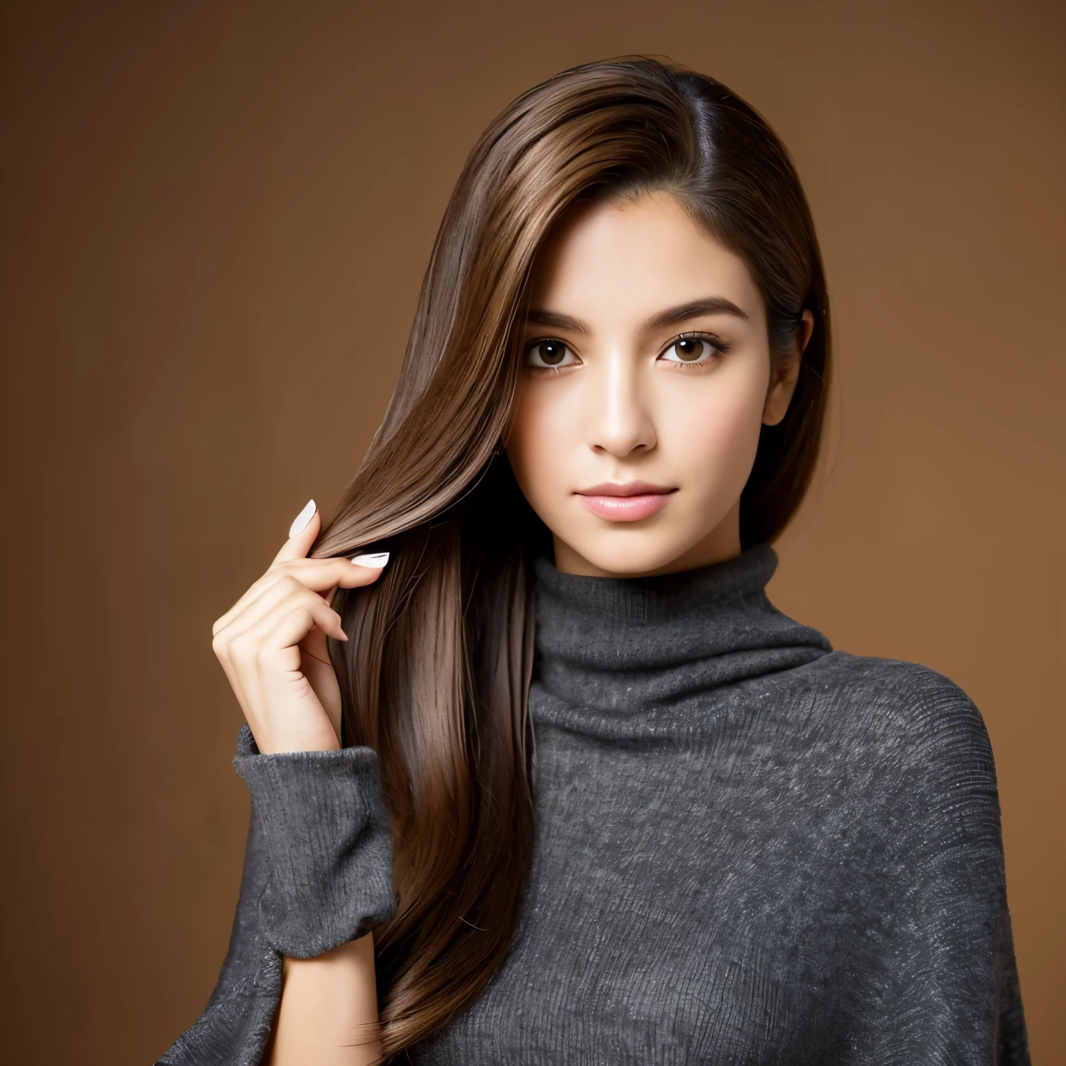 Gere a imagem de uma personagem feminina com estes aspectos: altura de um 1,60, meio termo de magra e gorda, skin color is brown, MEDIUM BUST, cabelos cacheados e da cor castanho escuro, orelhas de um meio-elfo, fingernails that are a little long and shaped like a cat&#39;s claw. The shape of the face is oval, sobrancelhas cheias e da cor castanho escuro, olhos grandes e redondos da cor castanho escuro, medium, flat nose and mouth with full lips. She will be wearing dark blue cargo pants., uma blusa preta de manga comprida, a cape and boots halfway up the leg.