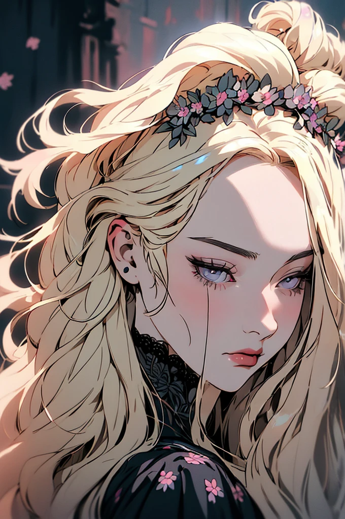 hyper-realistic  of a mysterious woman with flowing blond hair, piercing gray eyes, and a delicate floral crown, , upper body