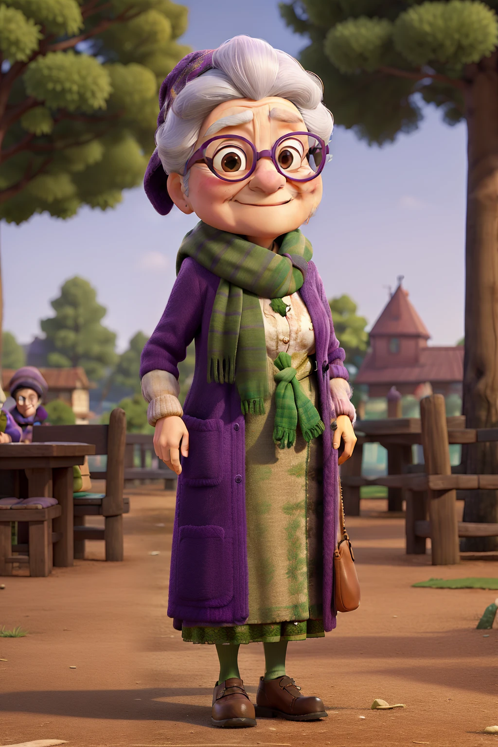 masterpiece, best quality, One wears glasses、old woman wearing scarf, Wear a purple coat and green scarf, Stand in the park