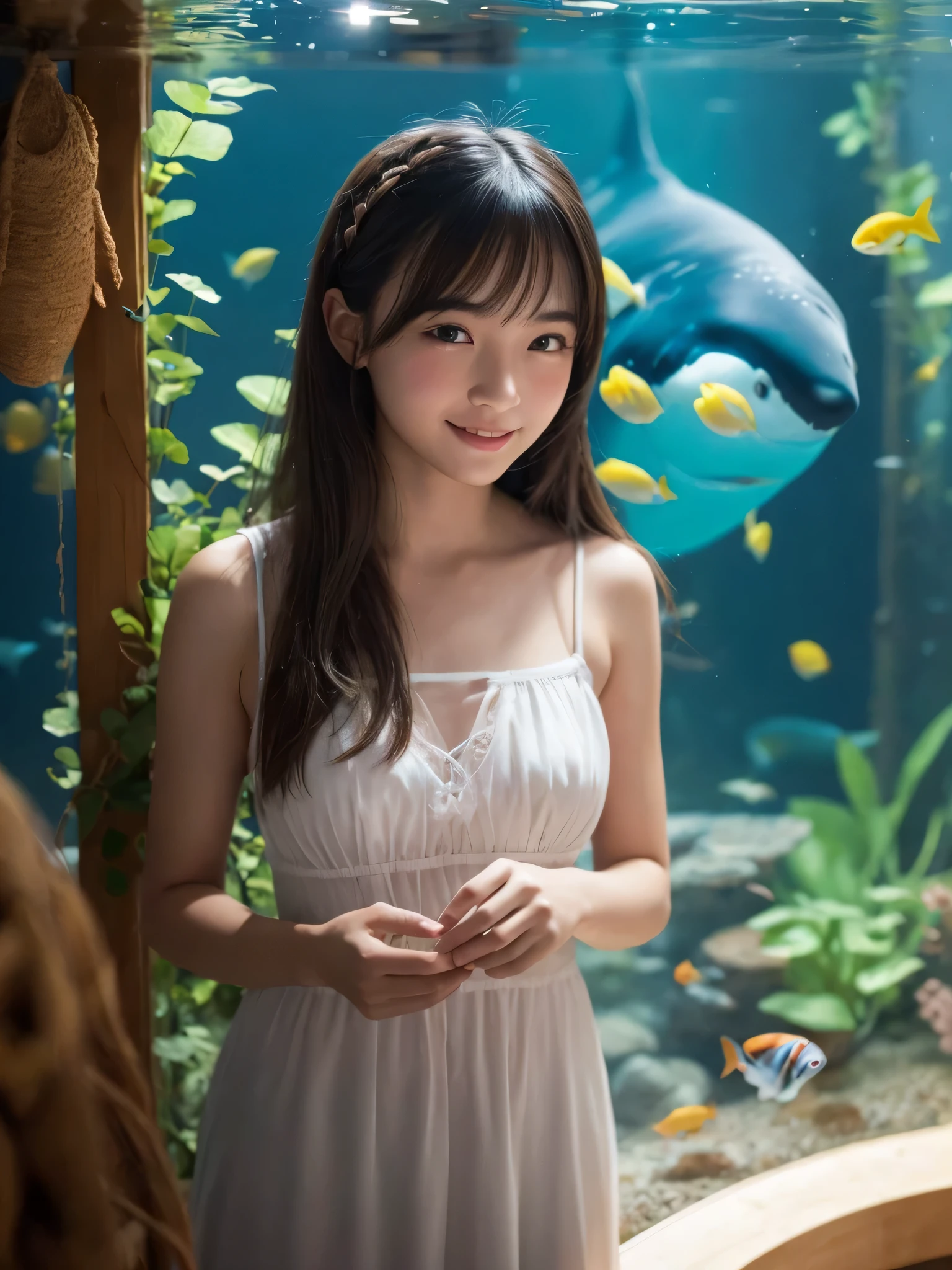 (best quality), (ultra-detailed), (llustration), (detailed light), (an extremely delicate and beautiful), 1ung girl, long hair, brown eyes, (smile slightly, Innocent and cute expression), model, Enchanting, Sublime, Ethereal, fantastic, extremely detailed CG unified 8k wallpaper, High-definition raw color photos, professional photography, (Bokeh), indoors, (aquarium), whale shark, shark, small fish, napoleon fish, Backlighting, depth of fields,
