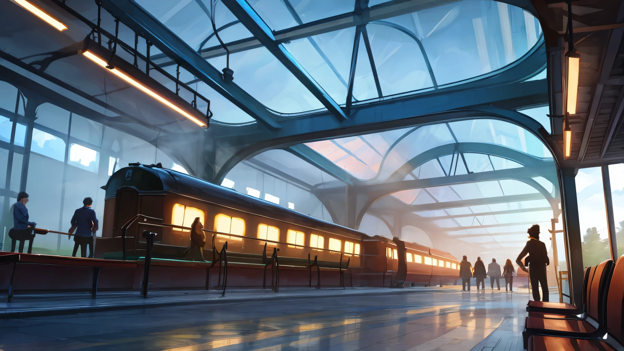 visual novel cg, fantasy train station, steam train parked, day time, benches around, magitech environment, extremely detailed, high quality
