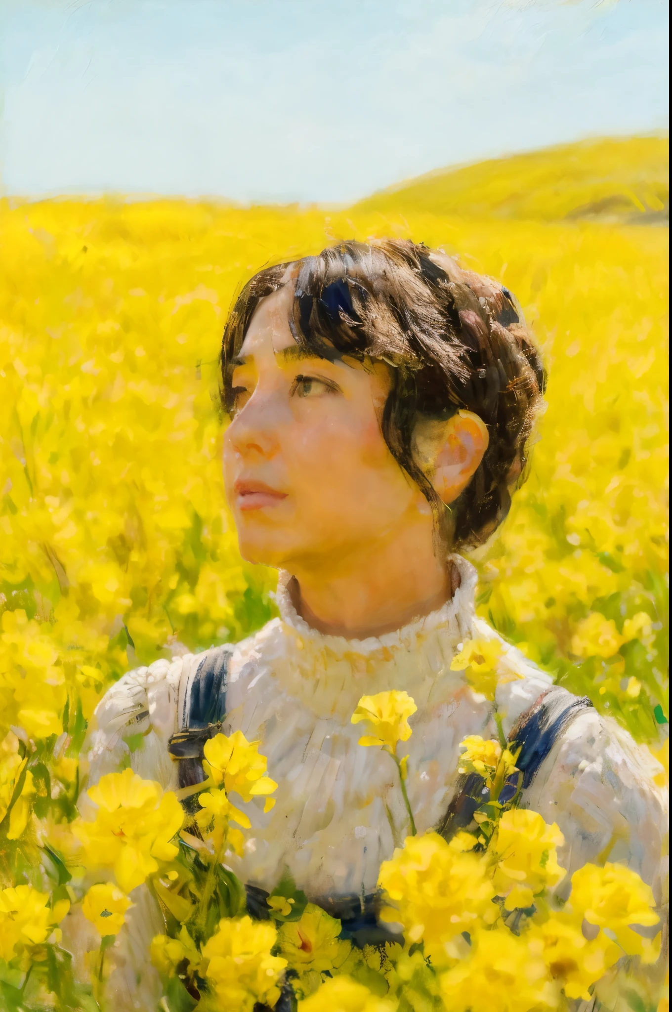 there is a woman standing in a field of yellow flowers,Masterpiece on canvas in the style of Claude Monet, extremely beautiful, detailed landscape, elements of surrealism, symbolism and surrealism, intricate design, foliage, flowers, landscape, pastel colors