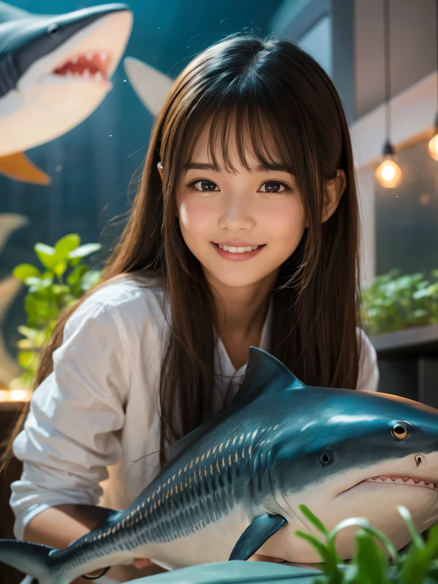 (best quality), (ultra-detailed), (llustration), (detailed light), (an extremely delicate and beautiful), 1ung girl, long hair, brown eyes, (smile slightly, Innocent and cute expression), model, Enchanting, Sublime, Ethereal, fantastic, extremely detailed CG unified 8k wallpaper, High-definition raw color photos, professional photography, (Bokeh), indoors, (aquarium), whale shark, shark, small fish, napoleon fish, Backlighting, depth of fields,
