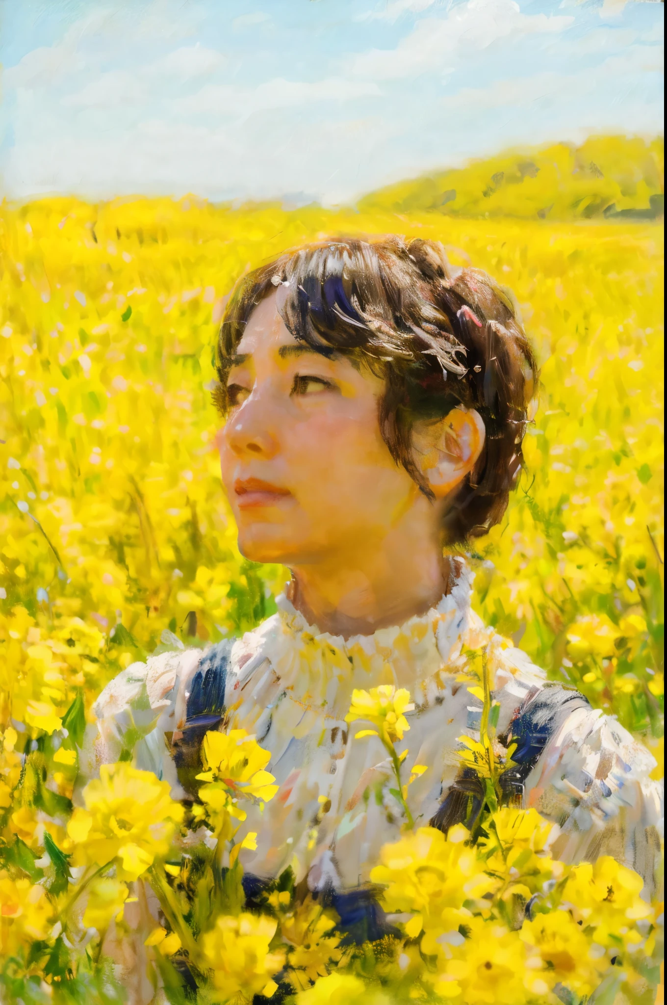 there is a woman standing in a field of yellow flowers,Masterpiece on canvas in the style of Claude Monet, extremely beautiful, detailed landscape, elements of surrealism, symbolism and surrealism, intricate design, foliage, flowers, landscape, pastel colors