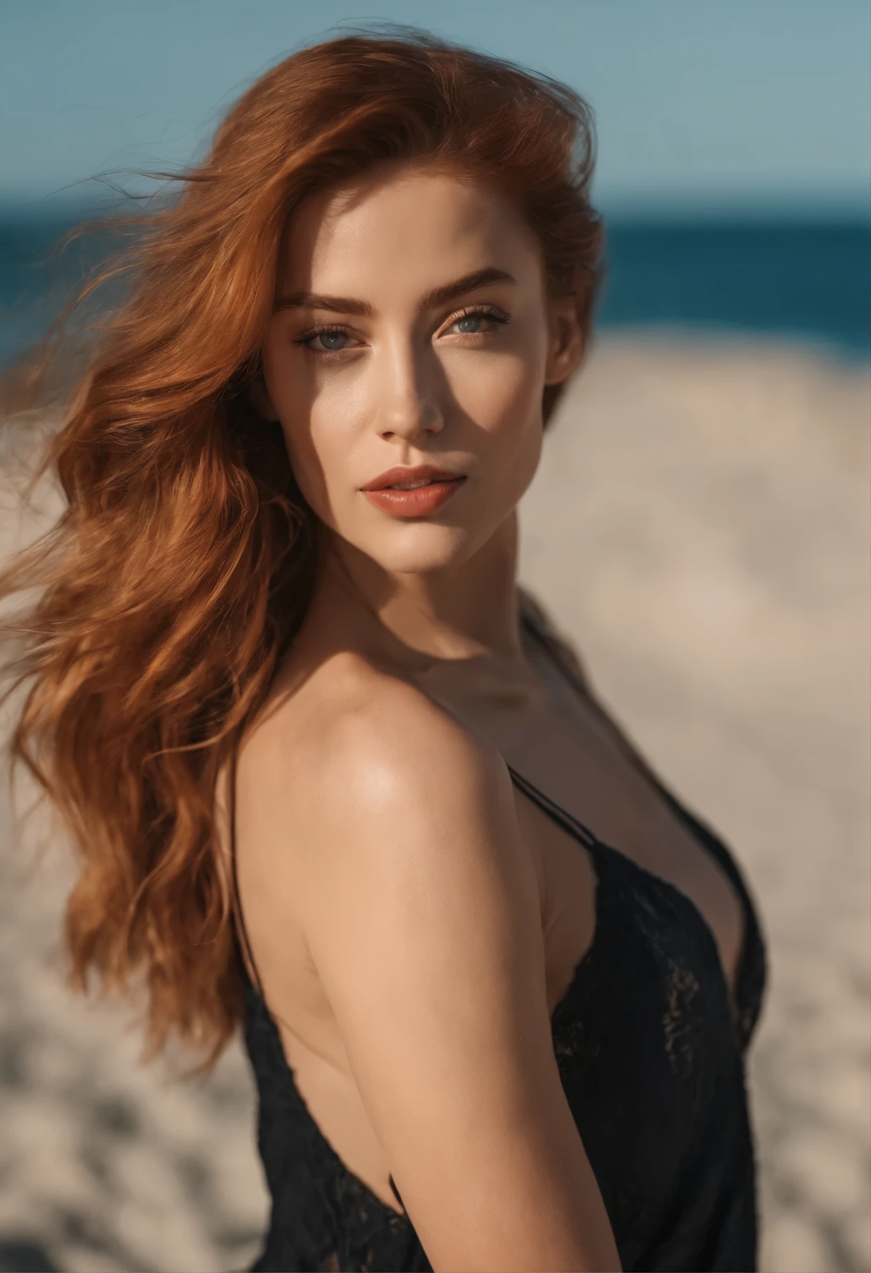 irish redhead, ginger hair, shoulder length ginger hair, gray eyes, sexy girl, ultra realist, Meticulously detailed, Portrait Sophie Mudd, selfie of a young woman, road background, black suite, with makeup, natural makeup, looking straight at camera , Face with Artgram, Subtle makeup, Great photo of the whole body standing on the beach, in the the beach, Medium to large bust, in a sexy black sexy bikini, standing on the beach