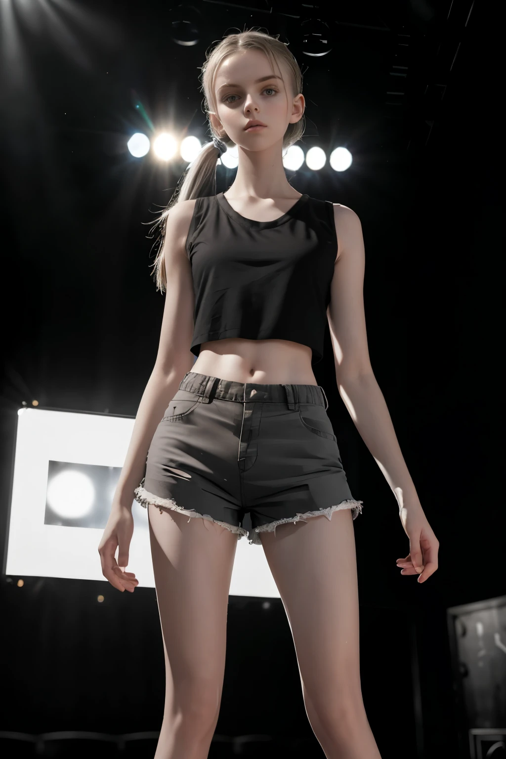 (masterpiece, best quality, hyperrealistic, photrealistic, cinematic photo, RAW), 14 year old girl, pale skin, American amazing slim body, ((Black top, grey shorts)), white sneakers, long black pony tail, perfect slender legs, wide hips, perfect hands, beautiful face, perfect face, youthful, (blured background), modern style, from below, (low-angle shoot), low_angle_human, towering, (full body shot), standing, underneath shot, (view viewer), looking at viewer,(8k, epic composition, photorealistic, sharp focus), detailed background, ((The stage of a theatre)), inside illumination, DSLR, foil grain, backlight