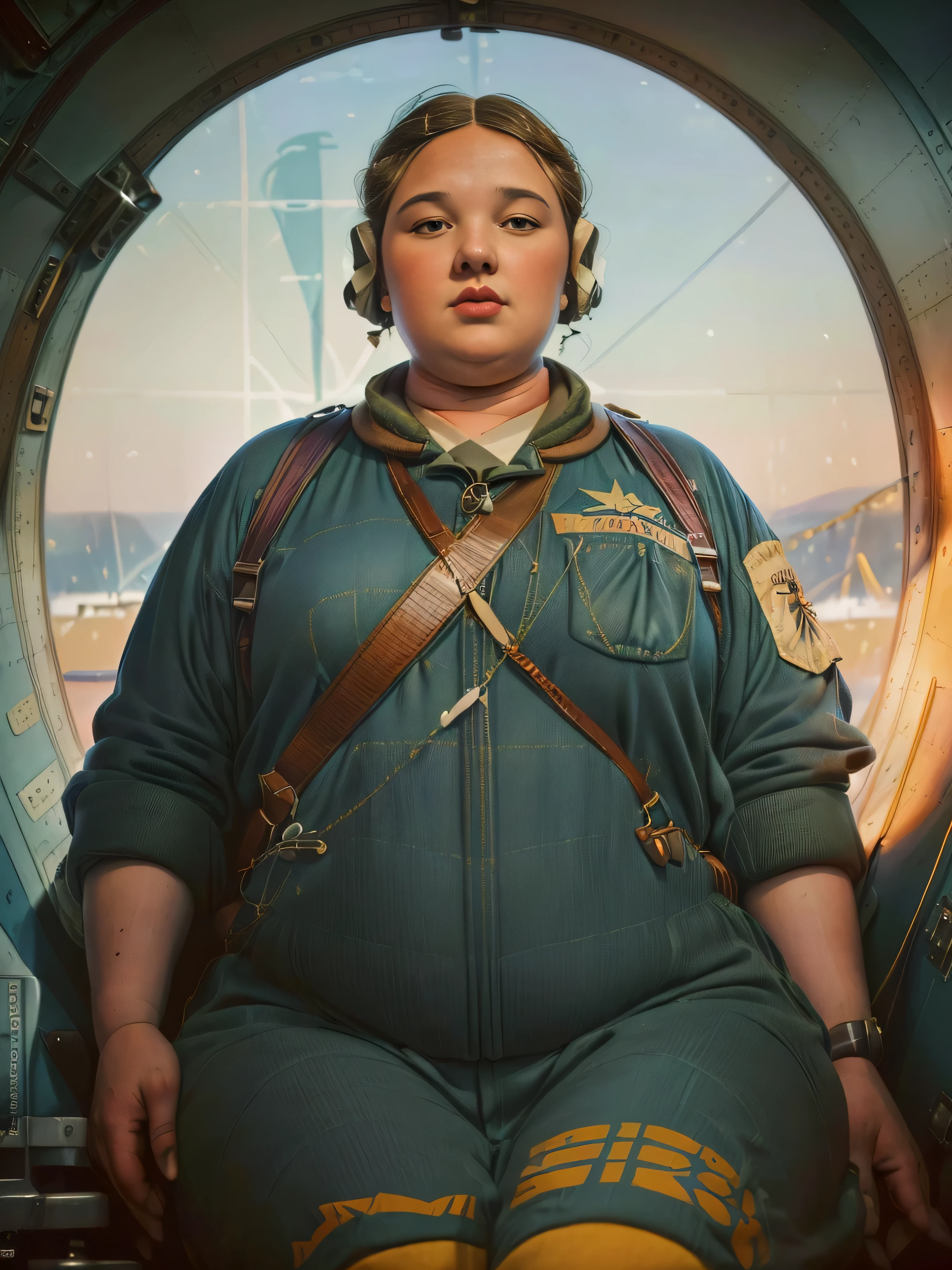 1935, massachusetts mountain village. Pre-raphaelite ((((50-year-old)) extremely fat, 800 pounds Amelia Earhart in the cockpit of an aeroplane ((((casual Clothing from the 1930s)))) ((Hairstyle of the 1930s)), ((Wes Anderson cinematic style)), colorful.