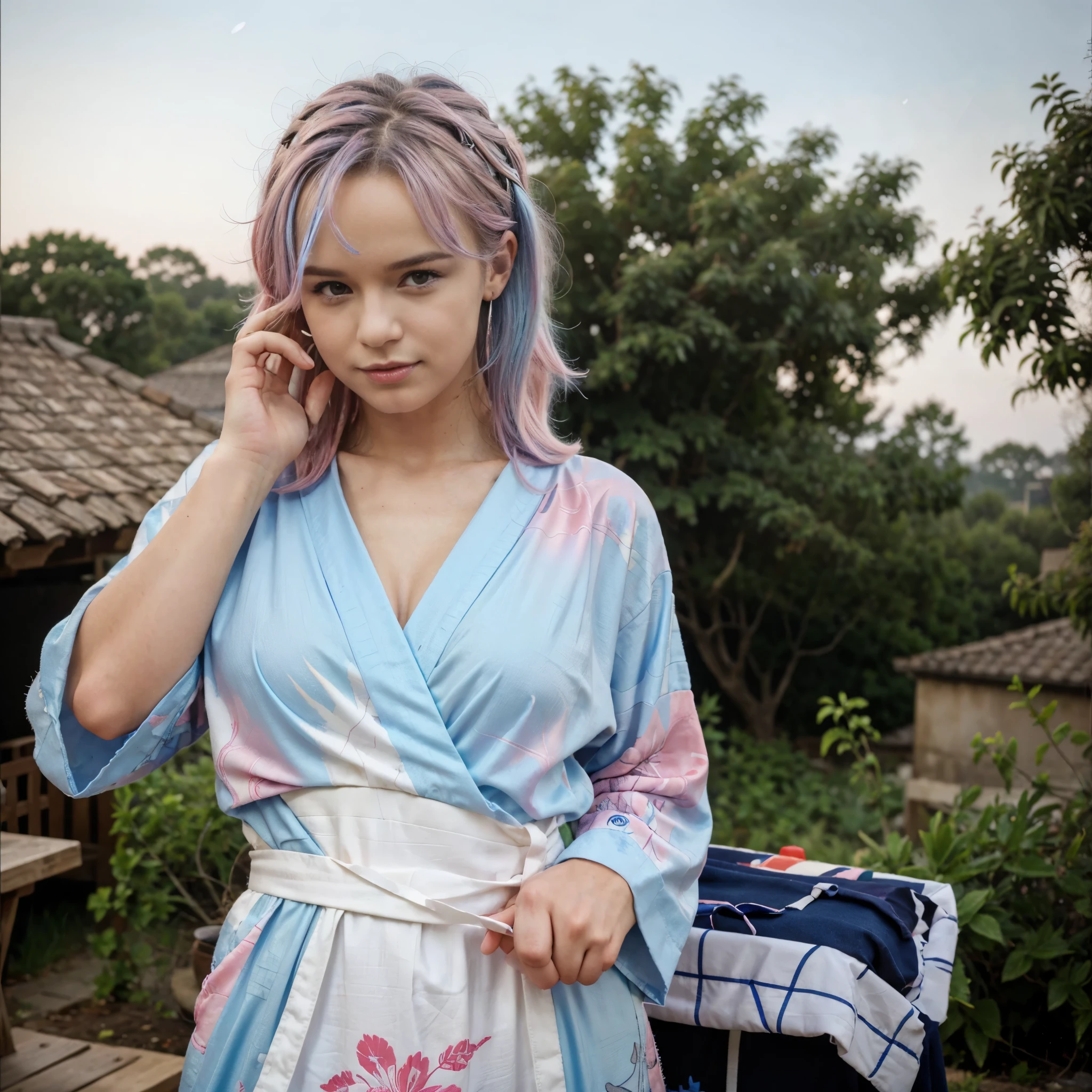 (masterpiece), (((highest quality)), (super detailed), 1 girl, (iridescent hair, colorful hair, half blue and half pink hair: 1.2), , (yukata: 1.2), outdoor, bangs, smile, sky blue eyes, perfect hands, perfect hands, hand details, corrected fingers. Earrings, Night Store + Background, looking_at_viewer, Cowboy Shot, Top Quality, Rich Detail, Perfect Image Quality,