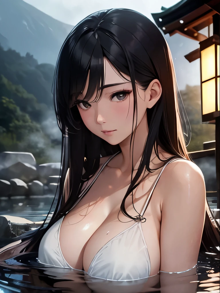 Best quality, cinematic composition, eye-catching close-up shot, intricate details, delicate skin texture, Japanese architecture, atmospheric lighting, steamy hot spring (onsen), alluring and elegant woman with long black hair, traditional sleeveless yukata, big , deep cleavage, gentle curves, calm and serene expression.