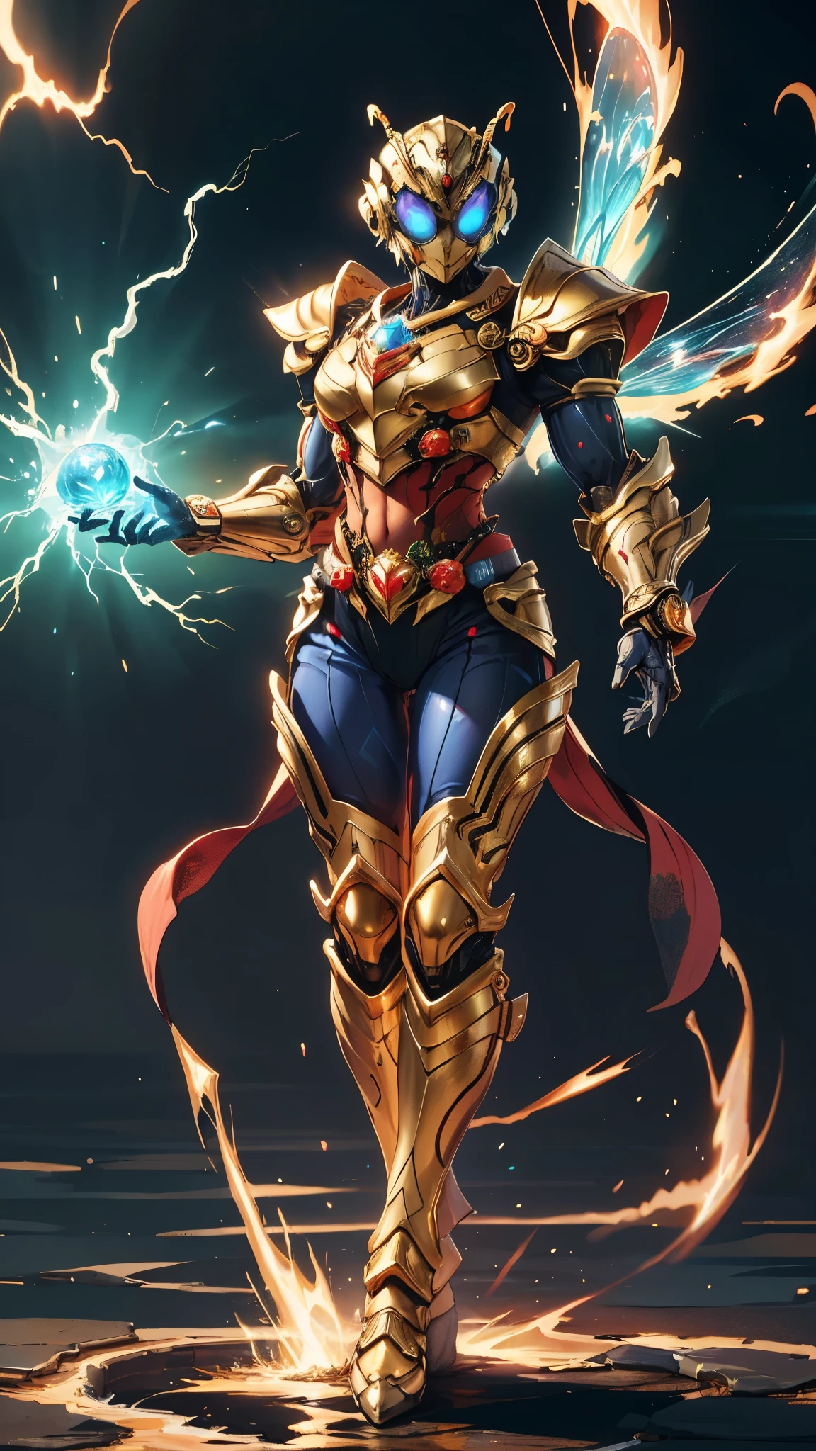A woman adorned in fantasy-style full-body armor, a crown-concept fully enclosed helmet that unveils only her eyes, a composite layered chest plate, fully encompassing shoulder and hand guards, a lightweight waist armor, form-fitting shin guards, the overall design is heavy-duty yet flexible, ((the armor gleams with a golden glow, complemented by red and blue accents)), exhibiting a noble aura, she floats above a fantasy-surreal high-tech city, this character embodies a finely crafted fantasy-surreal style armored hero in anime style, exquisite and mature manga art style, (mixture of Queen bee and Spider concept Armor, plasma, blood), ((Element, energy, elegant, goddess, femminine:1.5)), metallic, high definition, best quality, highres, ultra-detailed, ultra-fine painting, extremely delicate, professional, anatomically correct, symmetrical face, extremely detailed eyes and face, high quality eyes, creativity, RAW photo, UHD, 32k, Natural light, cinematic lighting, masterpiece-anatomy-perfect, masterpiece:1.5