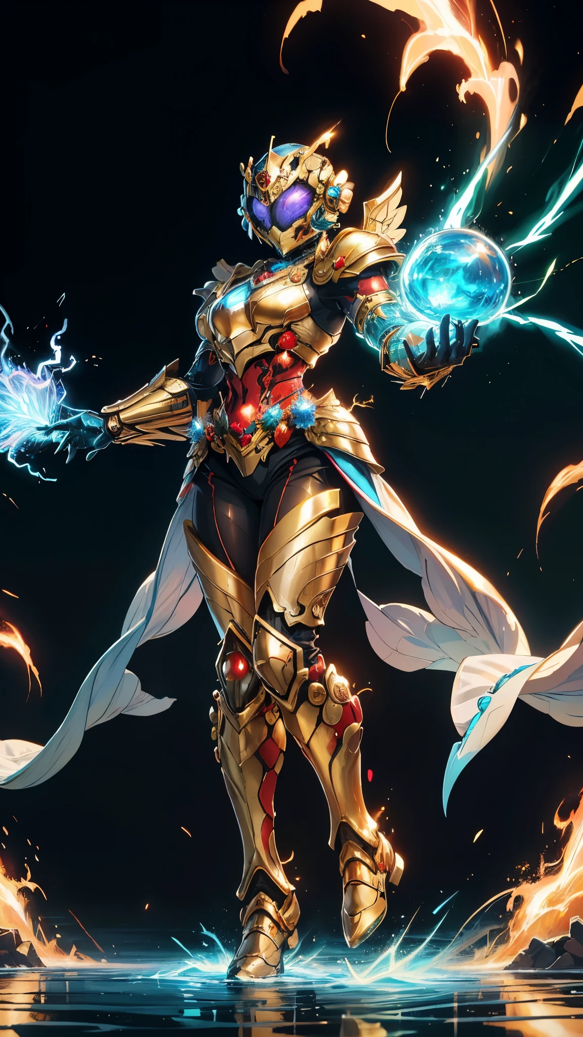 A woman adorned in fantasy-style full-body armor, a crown-concept fully enclosed helmet that unveils only her eyes, a composite layered chest plate, fully encompassing shoulder and hand guards, a lightweight waist armor, form-fitting shin guards, the overall design is heavy-duty yet flexible, ((the armor gleams with a golden glow, complemented by red and blue accents)), exhibiting a noble aura, she floats above a fantasy-surreal high-tech city, this character embodies a finely crafted fantasy-surreal style armored hero in anime style, exquisite and mature manga art style, (mixture of Queen bee and Spider concept Armor, plasma, blood), ((Element, energy, elegant, goddess, femminine:1.5)), metallic, high definition, best quality, highres, ultra-detailed, ultra-fine painting, extremely delicate, professional, anatomically correct, symmetrical face, extremely detailed eyes and face, high quality eyes, creativity, RAW photo, UHD, 32k, Natural light, cinematic lighting, masterpiece-anatomy-perfect, masterpiece:1.5