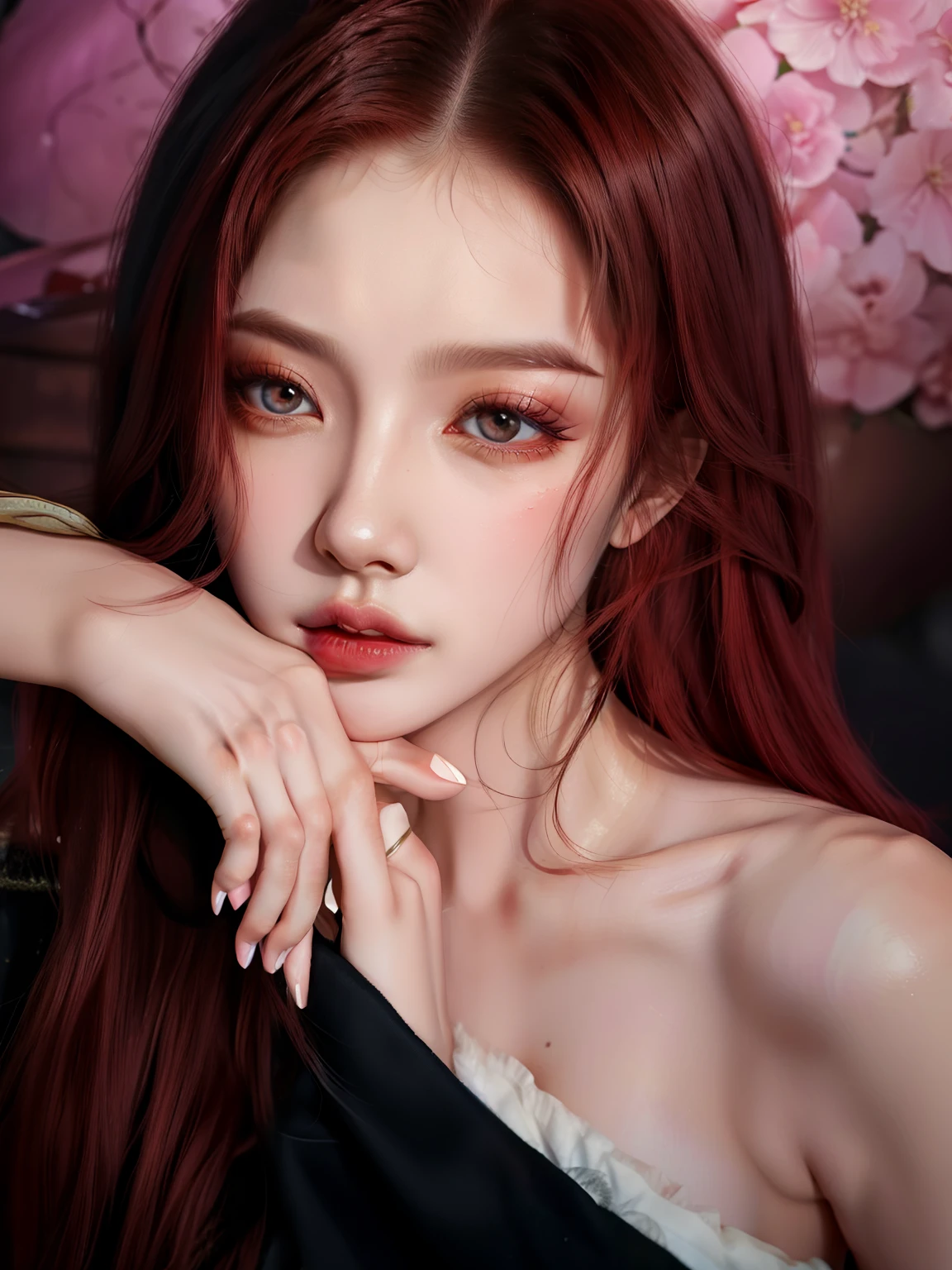 arafed woman with long red hair and a black top, popular south korean makeup, popular korean makeup, inspired by Yanjun Cheng, jinyoung shin, portrait of jossi of blackpink, red contact lenses, portrait jisoo blackpink, ulzzang, heonhwa choe, kim doyoung, jaeyeon nam, sun yunjoo, sha xi, park ji-min