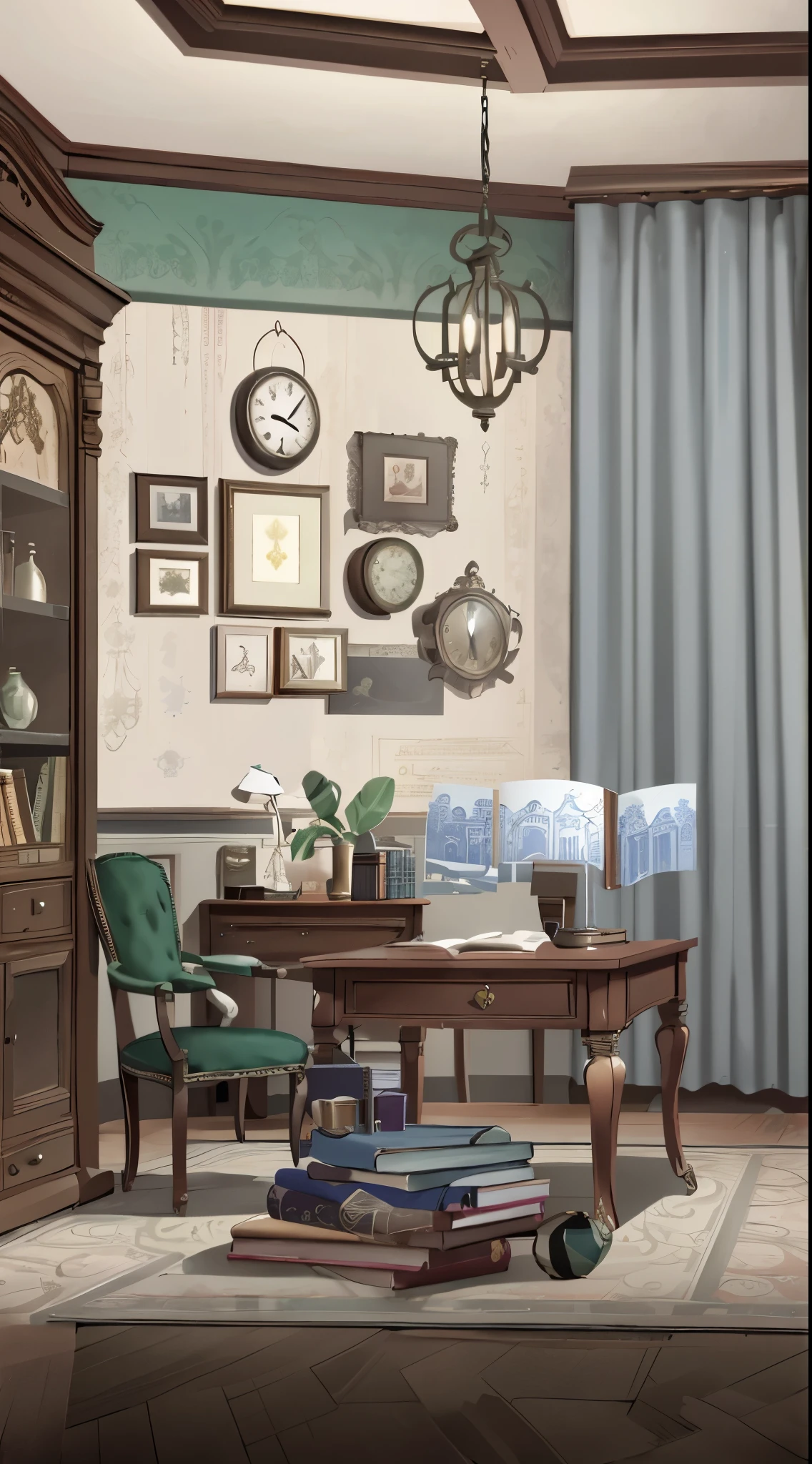 There is a room with a table, Chair, books and clock, interior background art, personal room background, alchemist library background, Madhouse studio anime style, 1 9 2 0 s room, anime background art, elegant study room, Anime Landscape Concept Art, background art, victorian style room, Relaxation concept art, art nouveau environment, Random background scene