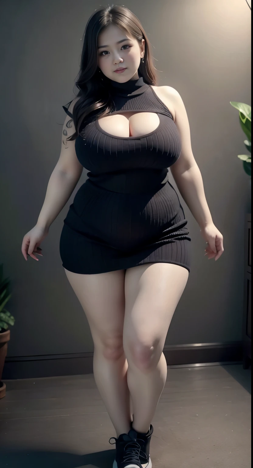 ((best quality)), ((masterpiece)), (detailed), perfect face, Beautiful, mother-in-law, asian-Indonesian , voluptuous,  wearing random clothes (formal), In the black room, seductive expression, chubby body, nice body, milf chubby, chinese-Indonesian. Full body, big arm, wide hips , wearing a sneakers, bob hairstyle, ********* , chubby cheeks, 35 year old, chubby tall woman, tattooed thighs , yakuza tattoos , big thighs, big armpits , chubby massive cheeks , thick neck, cold atmosphere, low light, wavy short haired, big breasts, showing her armpits , thick woman , turtleneck 