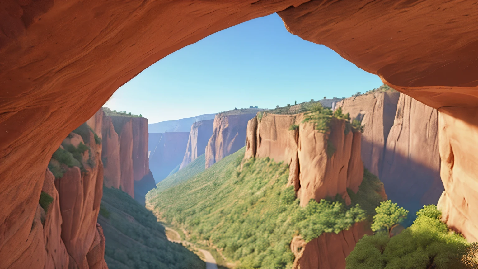 Imagine a narrow, deep canyon in the middle of a rugged, mountainous landscape., The canyon has steep, high walls rising on both sides. The walls are composed of rough and rough rocks, with strata and cracks that give the canyon an imposing and majestic appearance. The barrel opening is narrow, apenas dejando paso para la luz del sol, As you go into the canyon, you can see majestic birds of prey flying in circles above you. Estas aves, con sus grandes alas extendidas, dominate the canyon skies. Their dark, sharp plumage allows them to deftly glide between the narrow canyon walls., creando una imagen impresionante y poderosa, The air inside the canyon is fresh and full of energy. You can hear the distant echo of their flapping wings and the sound of the wind filtering through the cracks in the rocks. The canyon walls are covered in tough vegetation, como arbustos retorcidos y musgo que se aferra a las rocas, reminding you of the strength and life that persist even in this harsh environment