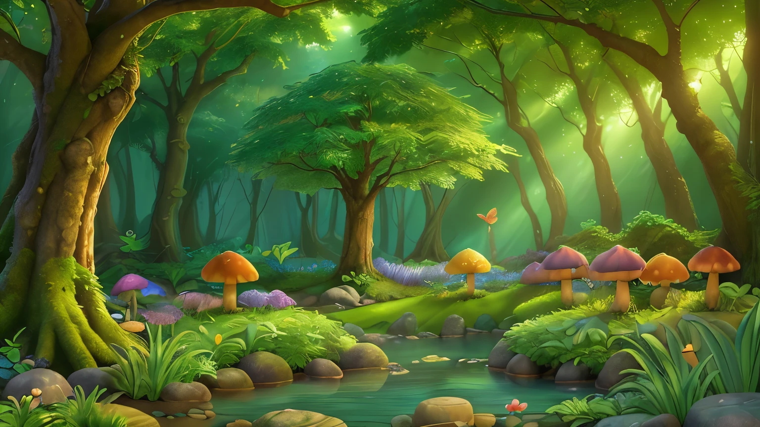 Imagine a lush fantasy landscape in the midst of an ancient and mysterious forest.The landscape is filled with tall and lush trees, with brightly colored leaves and whimsical shapes that seem straight out of a dream. Some trees have twisted trunks and exposed roots, creating a magical and enchanting appearance.”In the air, small fairies flutter with their delicate transparent wings. These fairies have luminescent bodies that glow in soft shades of blue, green, and purple, as if illuminated by their own inner light. Their flickers reflect on the leaves, creating a magical glow throughout the landscape.”“The forest floor is covered in bioluminescent flowers of various colors: lilies that emit a gentle golden glow, mushrooms that give off pinkish sparks, and ferns that shimmer in shades of blue. Small animals like rabbits and foxes with iridescent fur glide between the trees, adding more charm to the place.”A soft mist rises among the trees, giving the landscape a mysterious touch. The sound of running water can be heard in the distance, coming from a stream of crystal-clear water that traverses the forest. Moonlight rays filter through the dense vegetation, creating a play of light and shadow that enhances the magic of the place.”