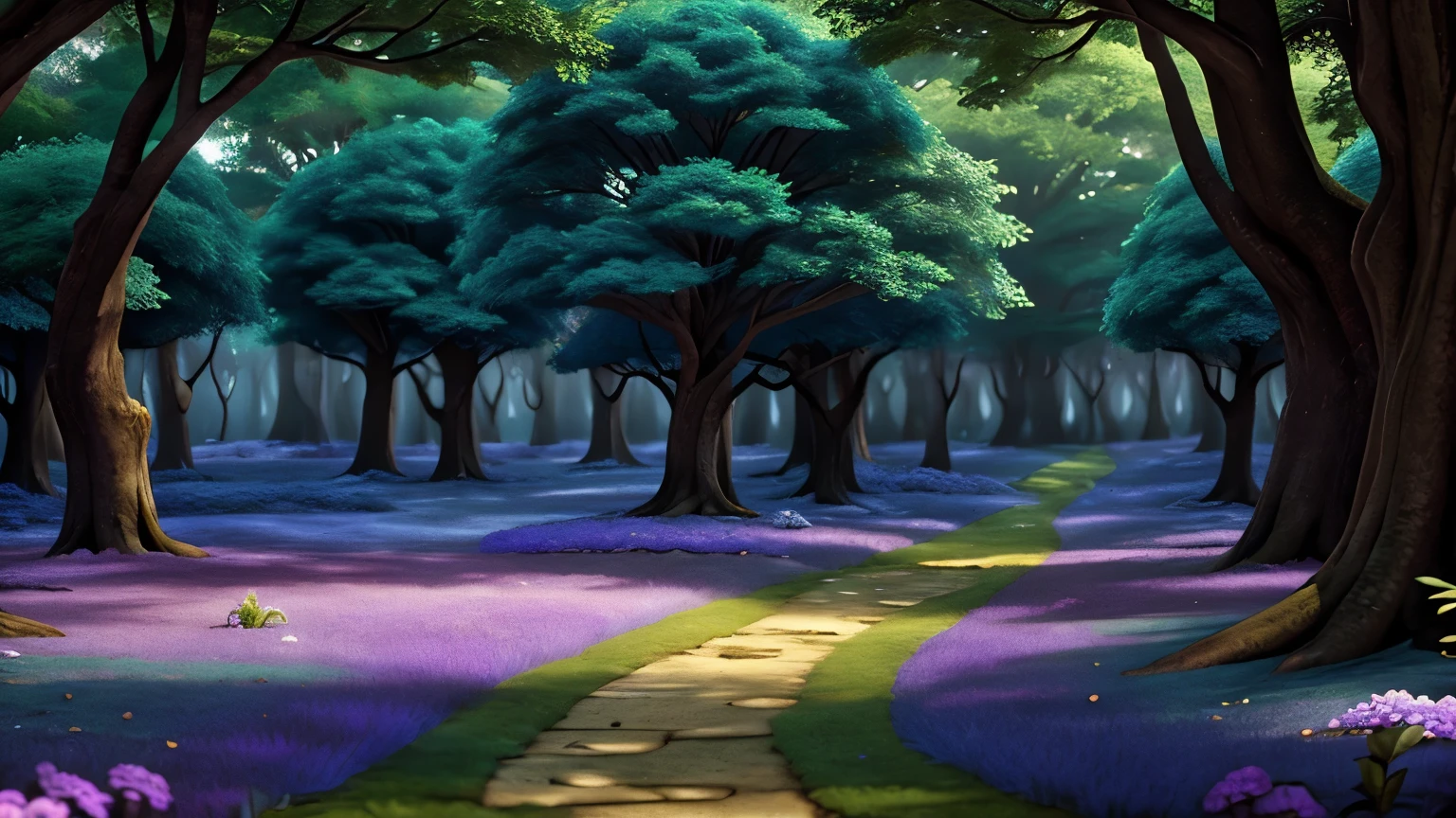 purple trees in a dark forest with a path running through them, magical bosque de fantasia, Bosque de cuento de hadas, dark bosque de fantasia, bosque magico, Magic Forest, bosque de fantasia, enchanted and Magic Forest, enchanted magical bosque de fantasia, magical colors and atmosphere, Magical Fairy Forest, bosque magico backround, mystical forest, bosque magico in the background, magical colors and atmosphere, a small angle in the forest
