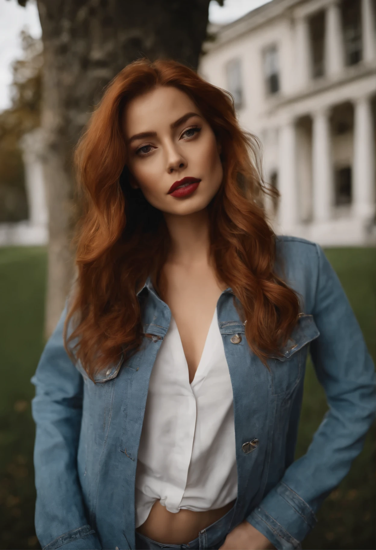 redhead woman in matching jacket and jeans posing in a park, fille sexy aux yeux bleus, Portrait Sophie Mudd, best quality, 1girl, Portrait of Amber Heard, cheveux blonds et grands yeux, selfie of a young woman, ohne Maquillage, natural makeup, Look directly into the camera, Visage with Artgram, Dezentes Maquillage, Superbe photo du corps entier, dans la chambre, Gros seins, Blonde, latina