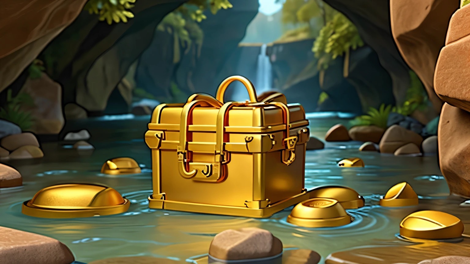 chest full of gold under the water of a narrow river with rock walls on the sides