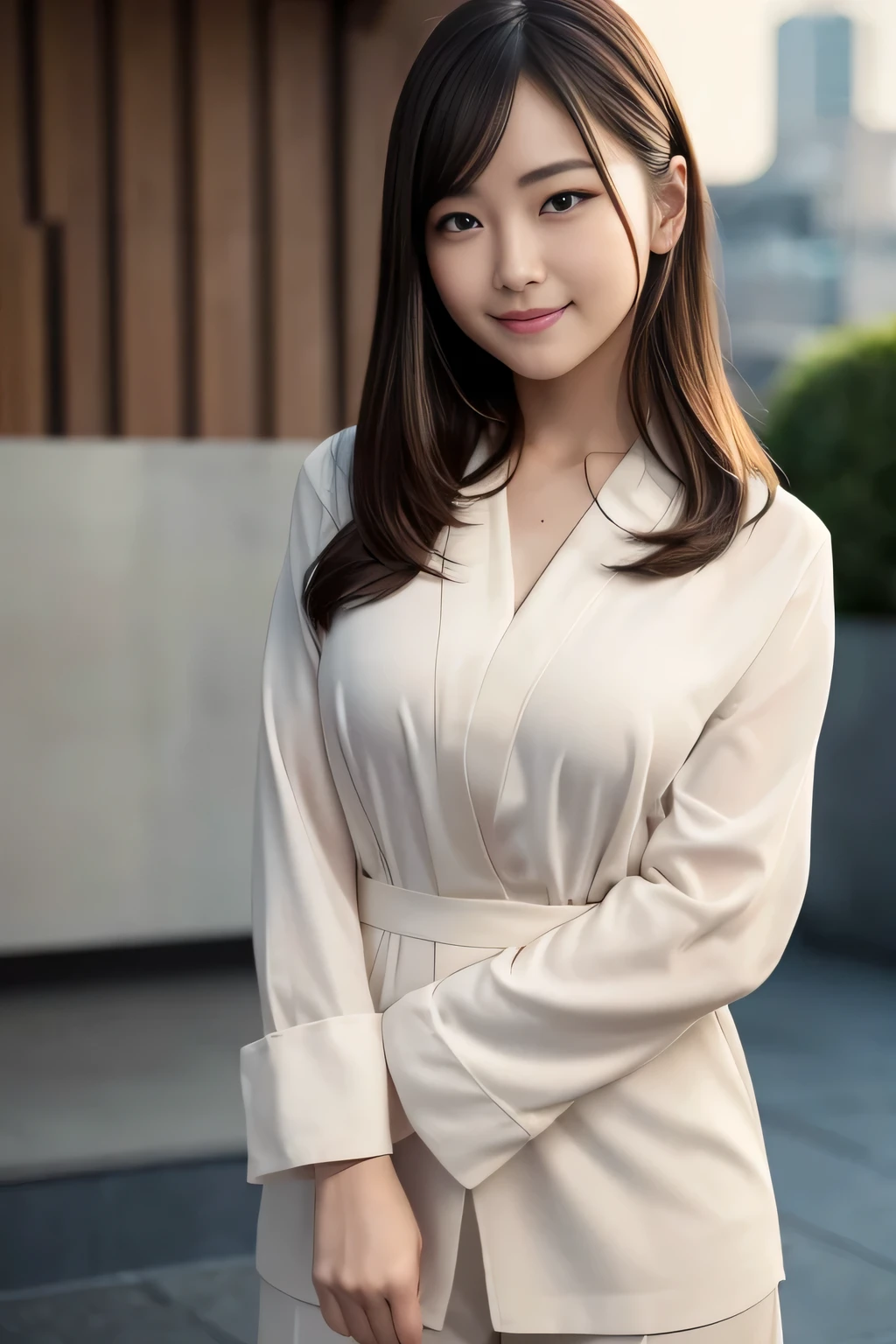 ultra-realistic capture、A hvery detailed、High resolution 16K human skin close-up。skin texture is natural、、The pores are、、、Must be detailed enough to be easily identified。Skin should look even-toned and healthy、Use natural light and color、8k, table top, RAW photo, highest quality, realistic, very detailed、8k image wallpaper, written boundary depth, Lens flare, ray tracing, (very beautiful face, beautiful lips, beautiful eyes), face with intricate details, ((very detailed肌)) 1 girl, deep shadow, cute japanese girl, 1 girl, ((looking at the viewer)),(big smile:1.3), daytime, In front of the station、(blurred background),(((crowd))), clear eyes, walk, (white skin), (Big eyes), look forward to, (brown hair), (full body shot),((wear office clothes))、 ((Wearing an office suit))、, (buckshot), focus on、front of eyebrows,