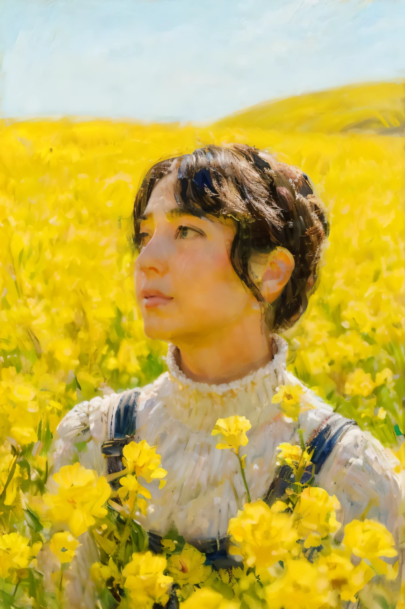 there is a woman standing in a field of yellow flowers,Claude Monet style canvas masterpiece, extremely beautiful, detailed landscape, surreal elements, Symbolism and Surrealism, complex design, leaf, flowers, landscape, pastel colors