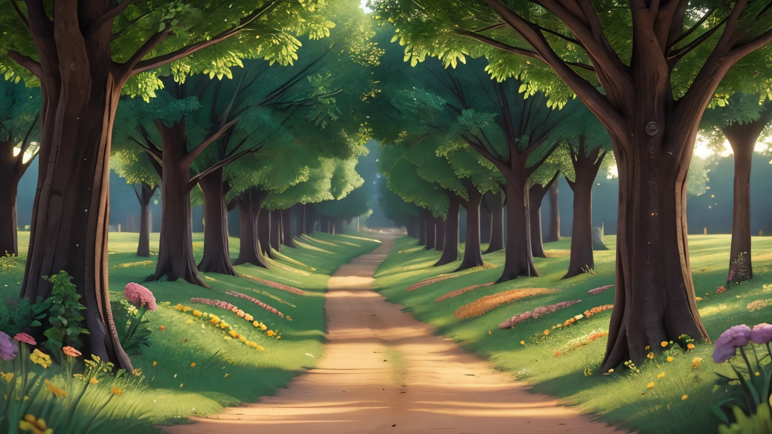 dirt road with flowers with their own light that shine between trees and fairies