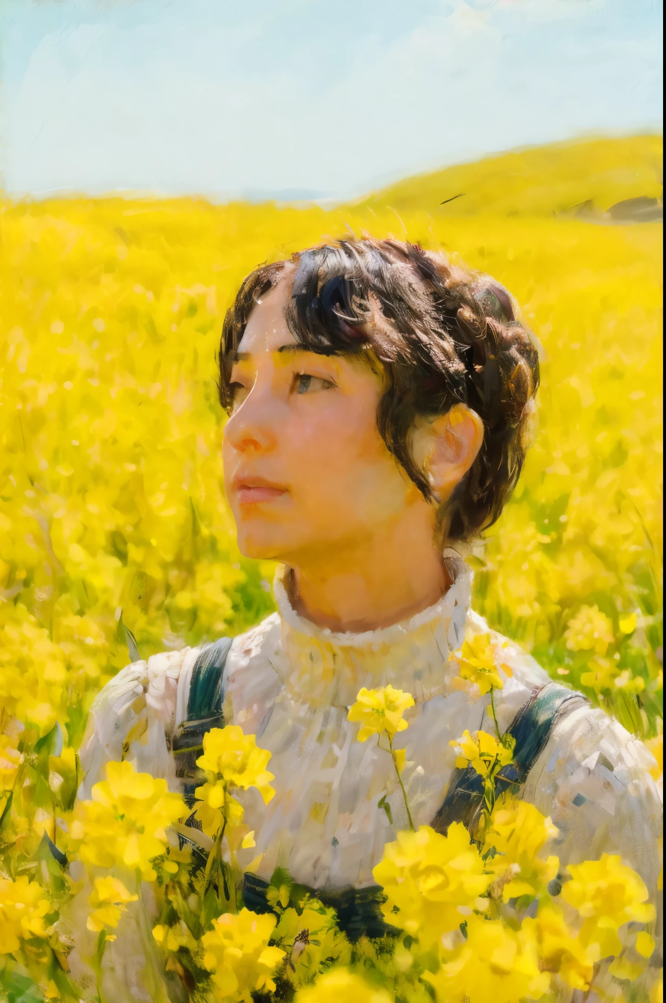 there is a woman standing in a field of yellow flowers,Masterpiece on canvas in the style of Claude Monet, extremely beautiful, detailed landscape, elements of surrealism, symbolism and surrealism, intricate design, foliage, flowers, landscape, pastel colors
