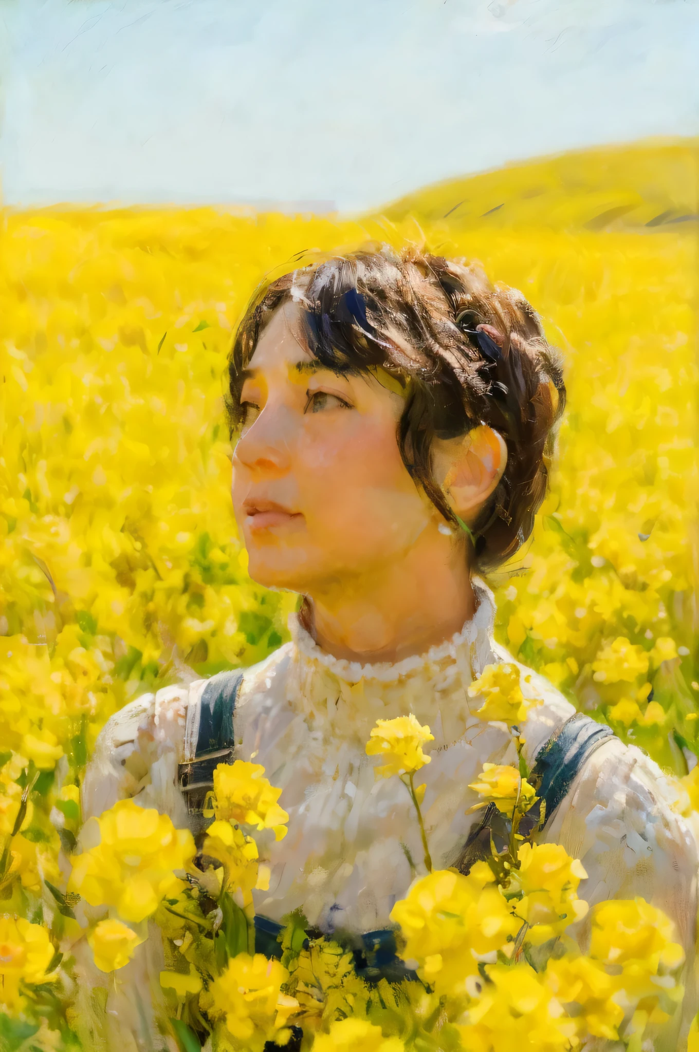 there is a woman standing in a field of yellow flowers,Claude Monet style canvas masterpiece, extremely beautiful, detailed landscape, surreal elements, Symbolism and Surrealism, complex design, leaf, flowers, landscape, pastel colors