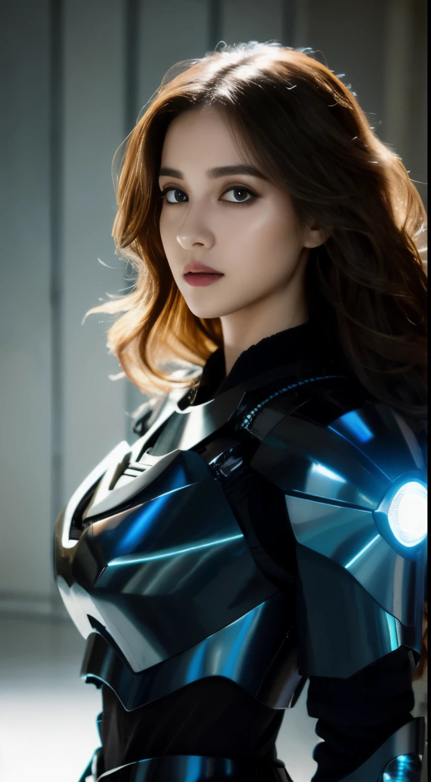 Big black eyes, aura, light brown wavy long hair, black and blue sci-fi armor, sci-fi style, high quality, atmosphere, war