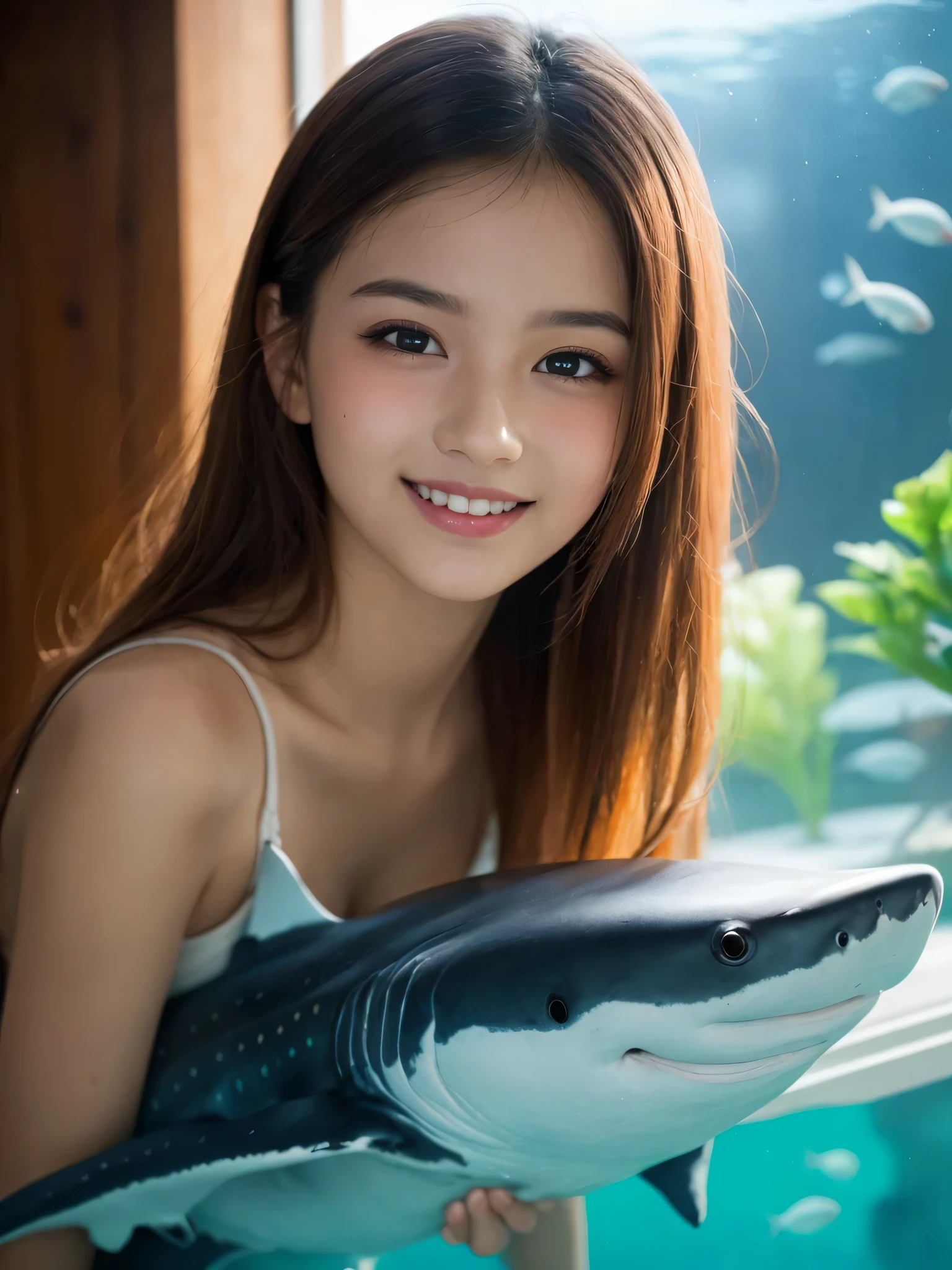 (best quality), (ultra-detailed), (llustration), (detailed light), (an extremely delicate and beautiful), 1ung girl, long hair, brown eyes, (smile slightly, Innocent and cute expression), model, Enchanting, Sublime, Ethereal, fantastic, extremely detailed CG unified 8k wallpaper, High-definition raw color photos, professional photography, (Bokeh), indoors, (aquarium), whale shark, shark, small fish, napoleon fish, Backlighting, depth of fields,
