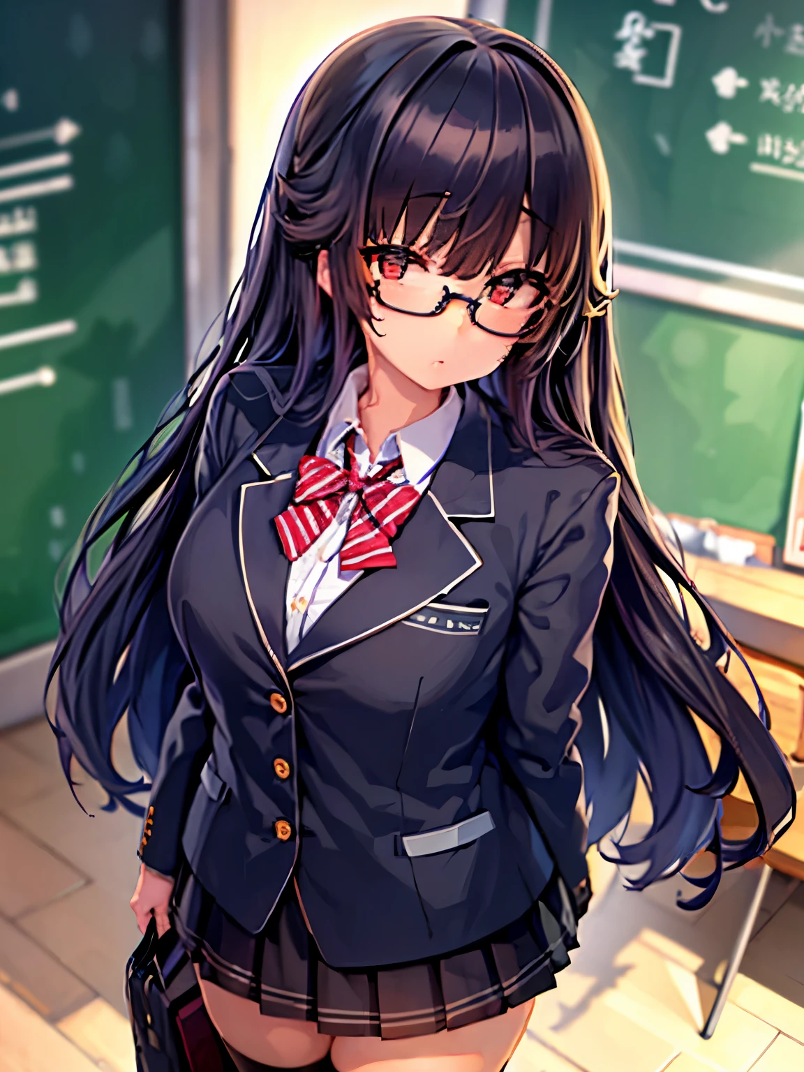  is standing。The appearance of a high school girl is that she has long black hair.、She is tall and has big breasts and has a good style.。Wearing glasses with a cute face，has a cool look。Clothes are school uniform and blazer、Blazer is dark blue、Skirt and stockings are black。