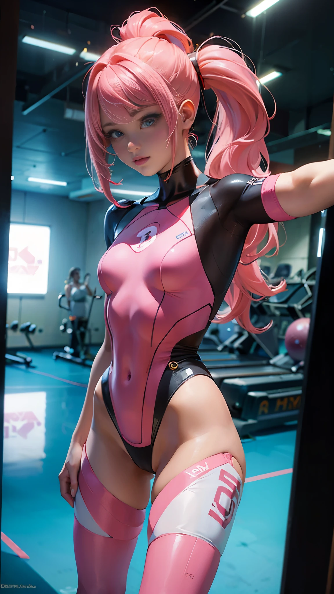 ,(La mejor calidad,A high resolution,Ultra - detallado,actual),Ariana Grande dentro de un gym, (ropa deportiva BodySuit panties:1.4) , (cabello corto pink), More detailed 8K.motor irreal:1.4,HD,La mejor calidad:1.4, fotorrealista:1.4, textura de la piel:1.4, obra maestra:1.8,obra maestra, mejor calidad,objeto Objeto], (rasgos faciales detallados:1.3),(Las proporciones correctas),(Ojos hermosos azules:1.4 ),  (pose vaquero), ,( ciberpunk 2.1),(fondo gym moderno :1.4), (cabello rosa:1.4), (gimnasio moderno elegante ciberpunk:1.4), (seaArt 2.1) 