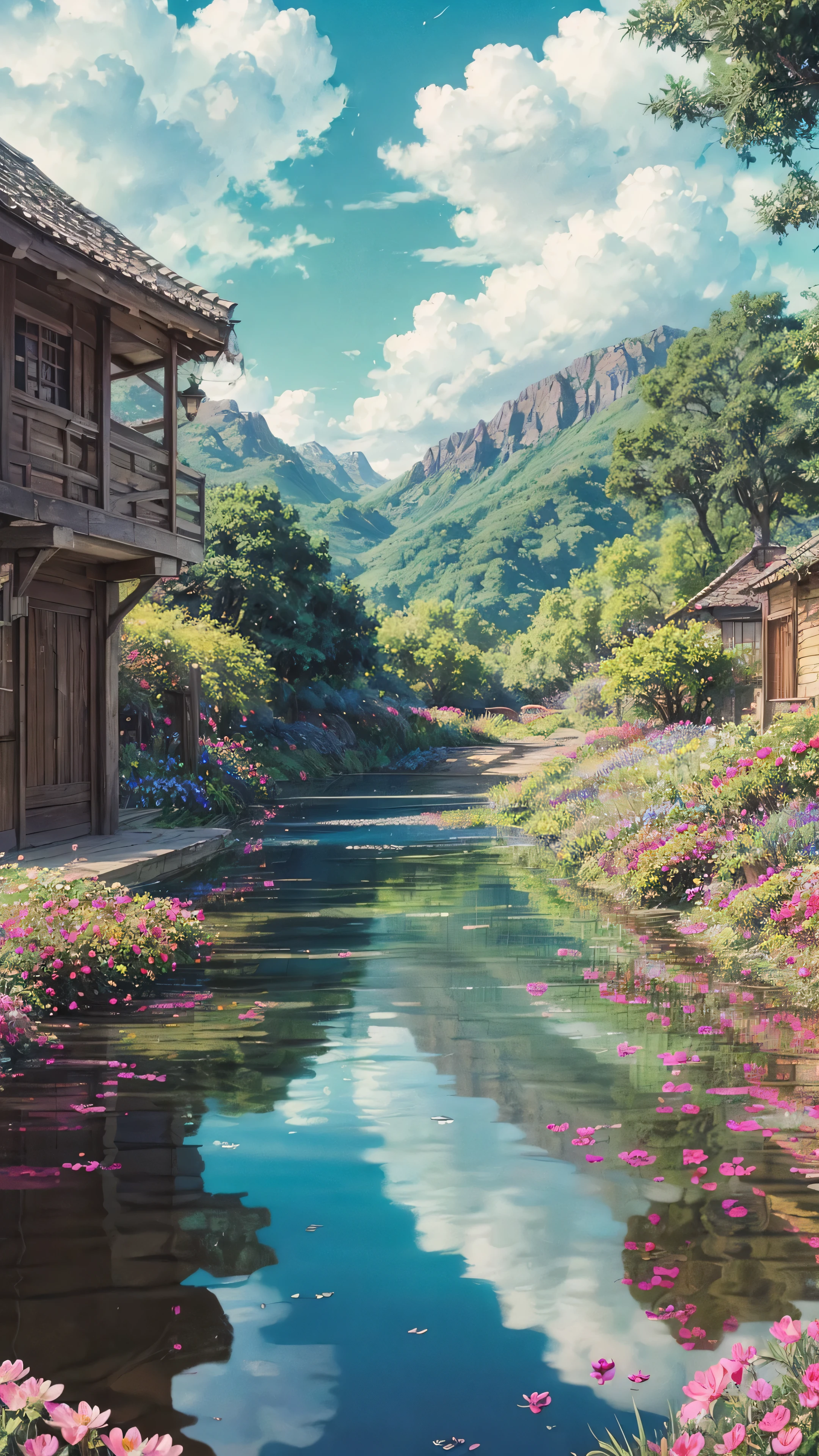 obra de arte, Summer scene, algumas pequenas flores coloridas em prados, paradisiacal view, big white fluffy clouds against a bright blue sky, the climate is warm and vibrant, Detalhes HD com marca d'wet water, Ultra-detailed and cinematic, surrealismo infundido, macio, inviting light cast focus on deep field bokeh, ray tracing techniques revealing the intricacies of each petal, and a general sense of serene beauty in the air9:Ratio of 16.