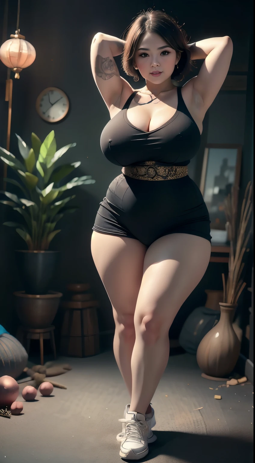((best quality)), ((masterpiece)), (detailed), perfect face, Beautiful, mother-in-law, asian-Indonesian , voluptuous, wearing random clothes (formal), In the black room, seductive expression, chubby body, nice body, milf chubby, chinese-Indonesian. Full body, big arm, wide hips , wearing a sneakers, bob hairstyle, , chubby cheeks, 35 year old, chubby tall woman, tattooed thighs , yakuza tattoos , big thighs, big armpits , chubby massive cheeks , thick neck, cold atmosphere, low light, wavy short haired, big breasts, showing her armpits , thick woman