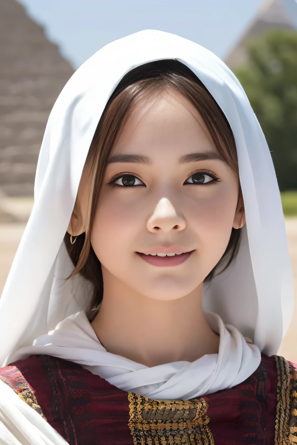 (surreal), (High resolution), (8k), (very detailed), (beautiful and detailed eyes), (highest quality), (Super detailed), (masterpiece), (detailed face), soft focus、emma watson face、big breasts、Japanese、Egypt、in front of the pyramid、Islamic attire、hijab、laughter、Full body Esbian
