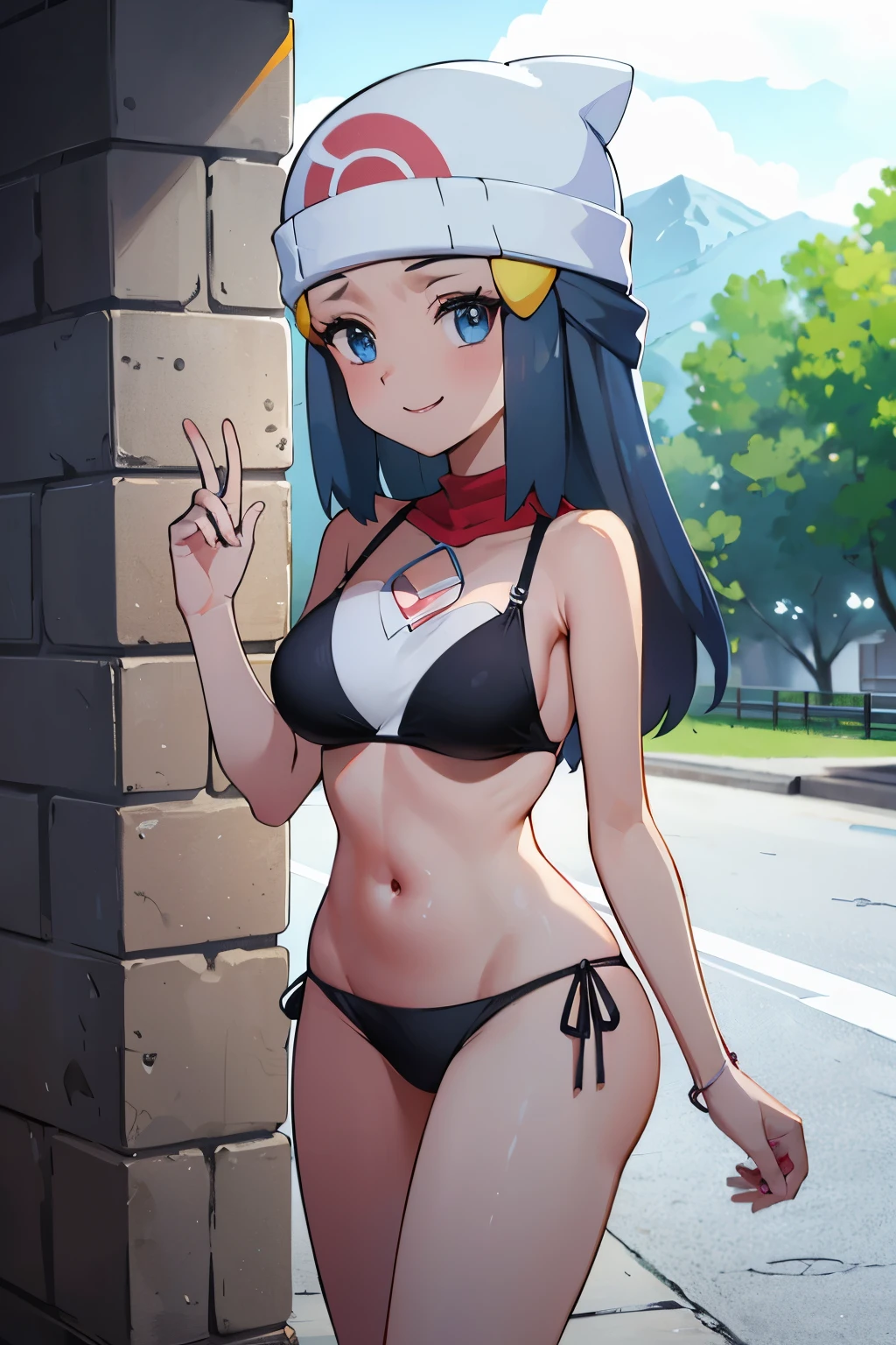 , ((Acostada)) echada bikini (dawn) (medium breasts)) ((medium Dinners)) () ((pokeballs)) ((pokebola))(gorro) cute smile